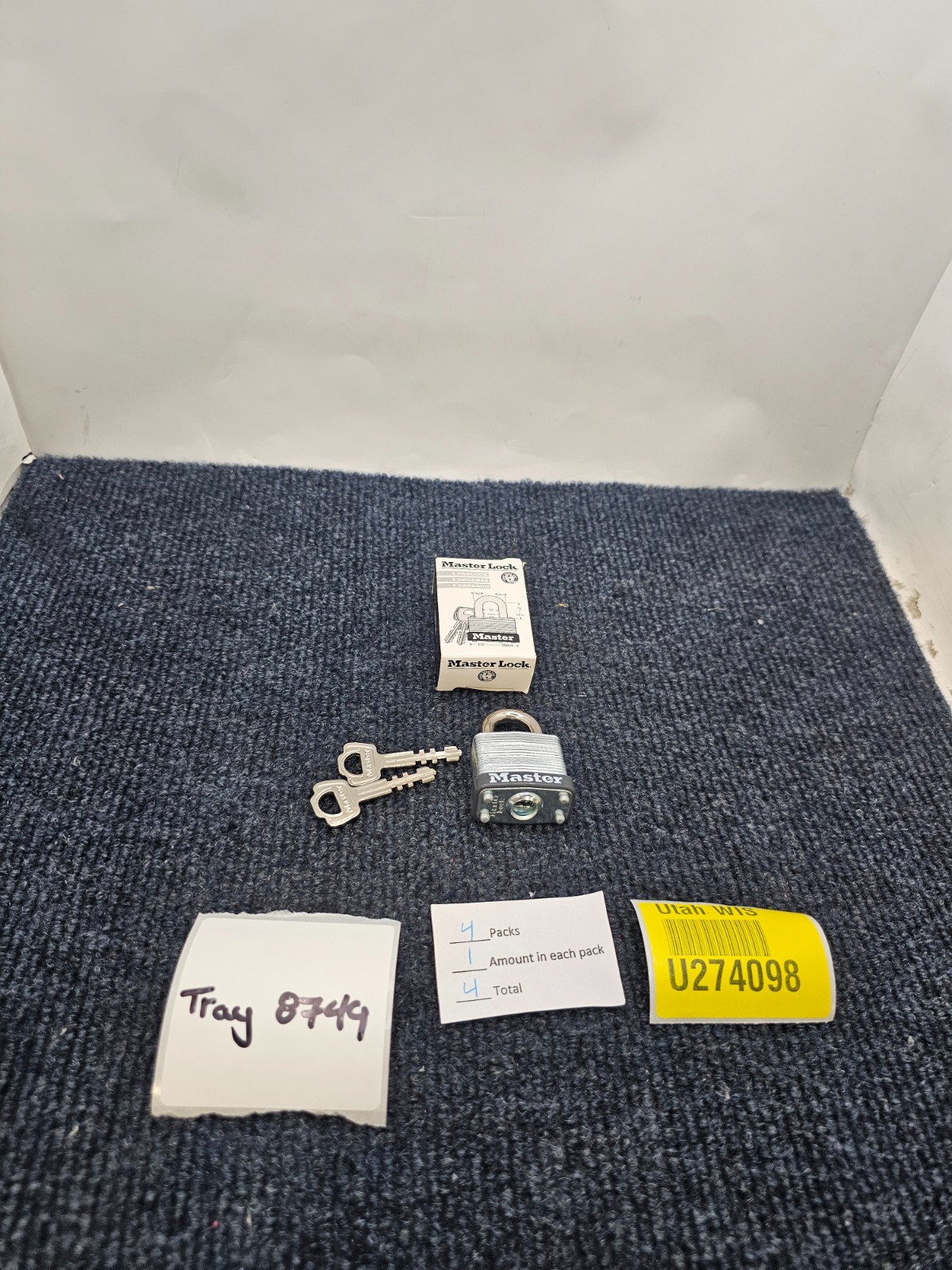 (QTY 4) Master Lock Padlock Rectangular Silver Steel 1-1/8"H W/ Keys
