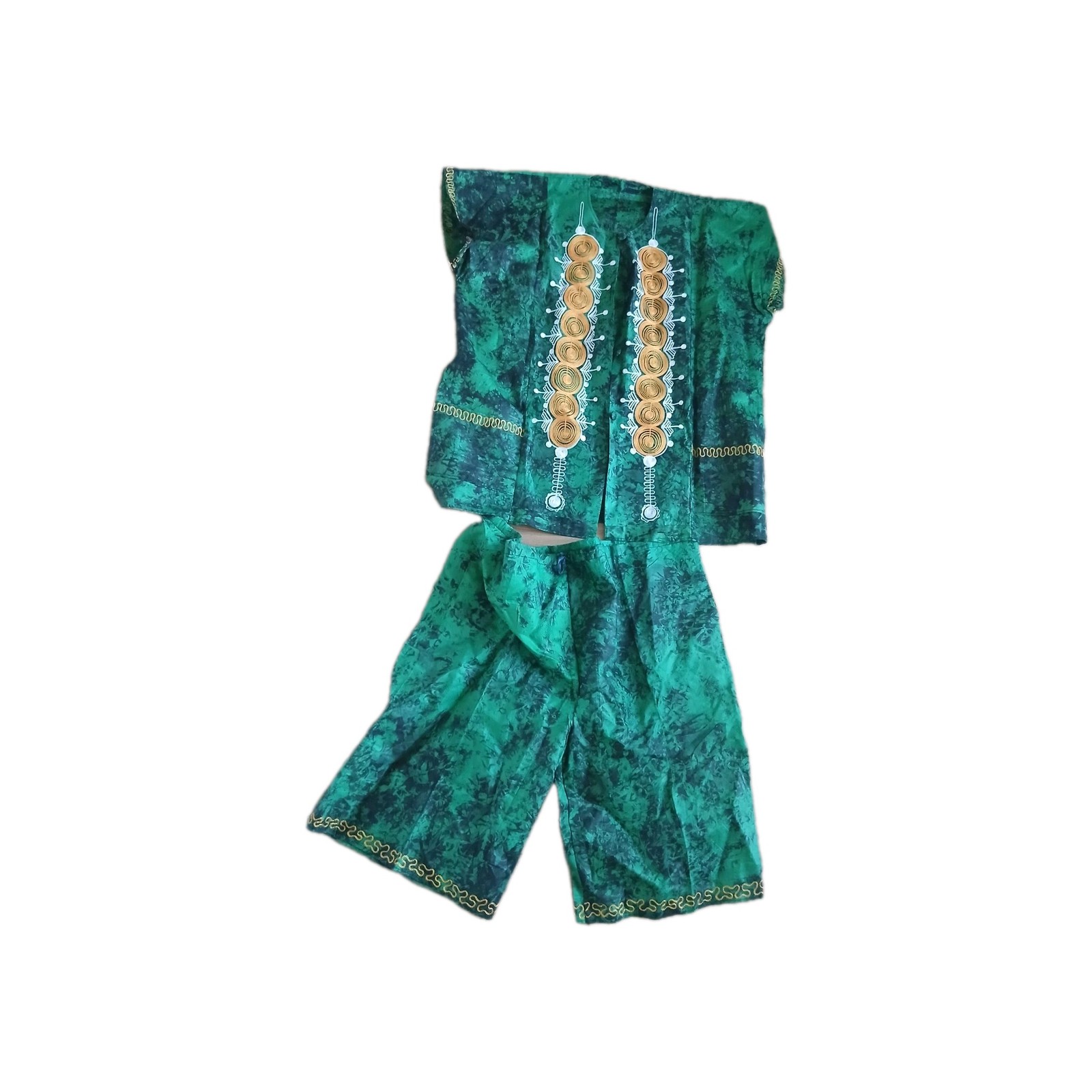 Men's African Traditional Outfit 2- Piece Green Gold Shirt& Pants One Size New
