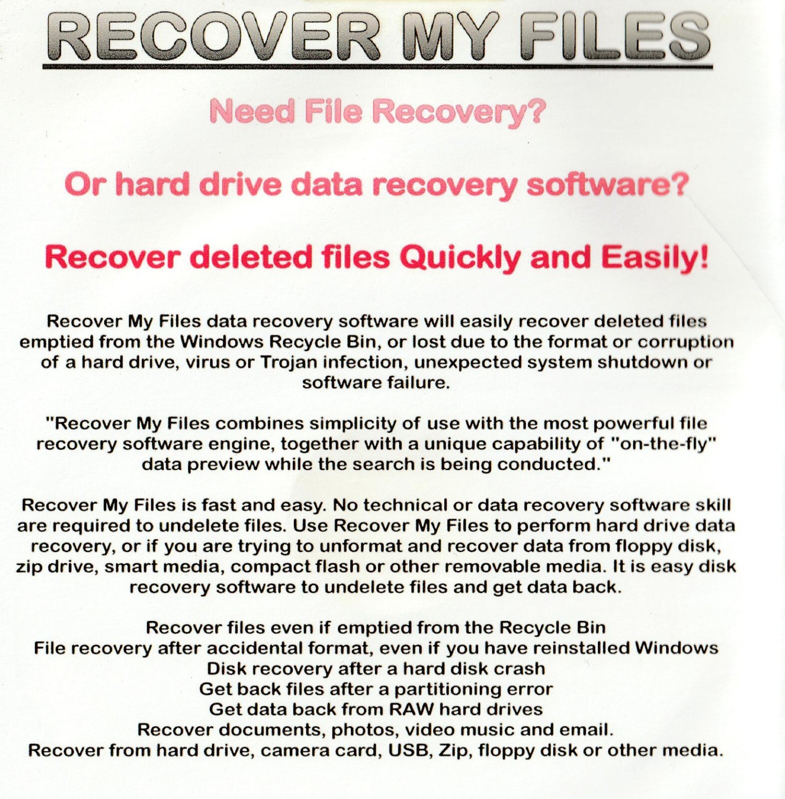 Recover your Files Data Recovery Software Professional USB PC Laptop Computer