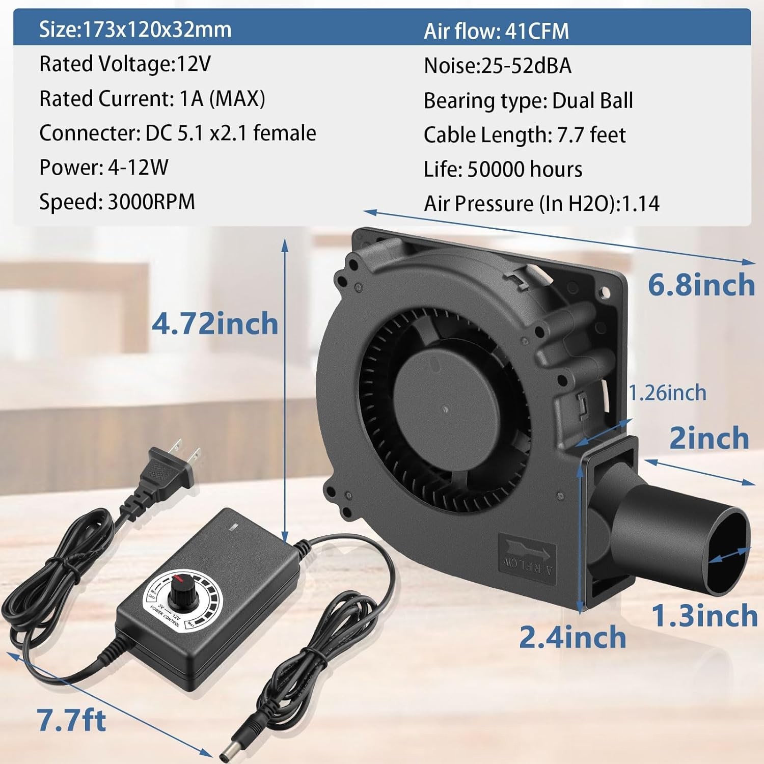 Compact 12V Squirrel Cage Blower Fan with Variable Speed - BBQ & Airflow Control