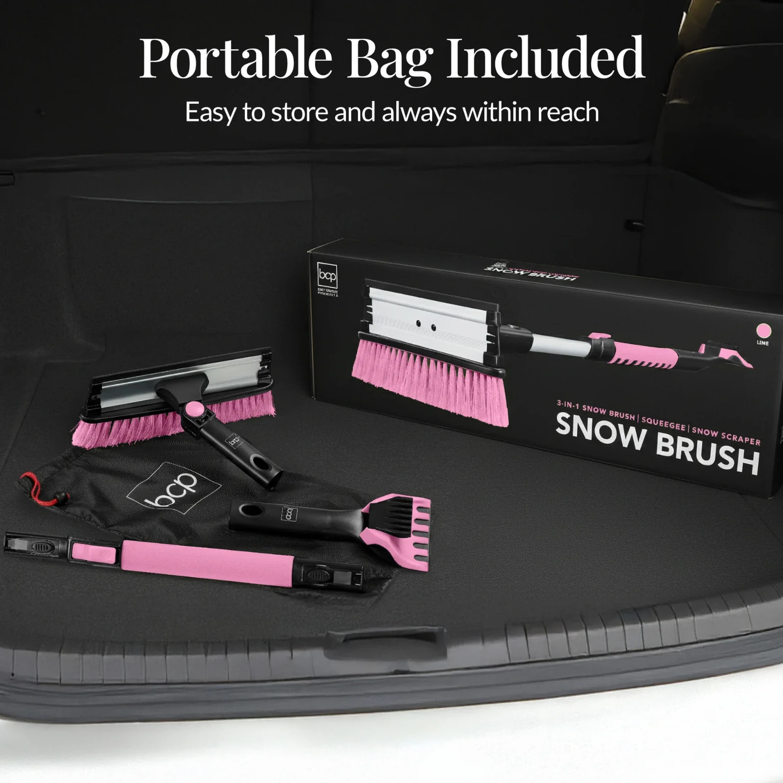 39 in. Pink Extendable Snow Brush with Squeegee and Ice Scraper.