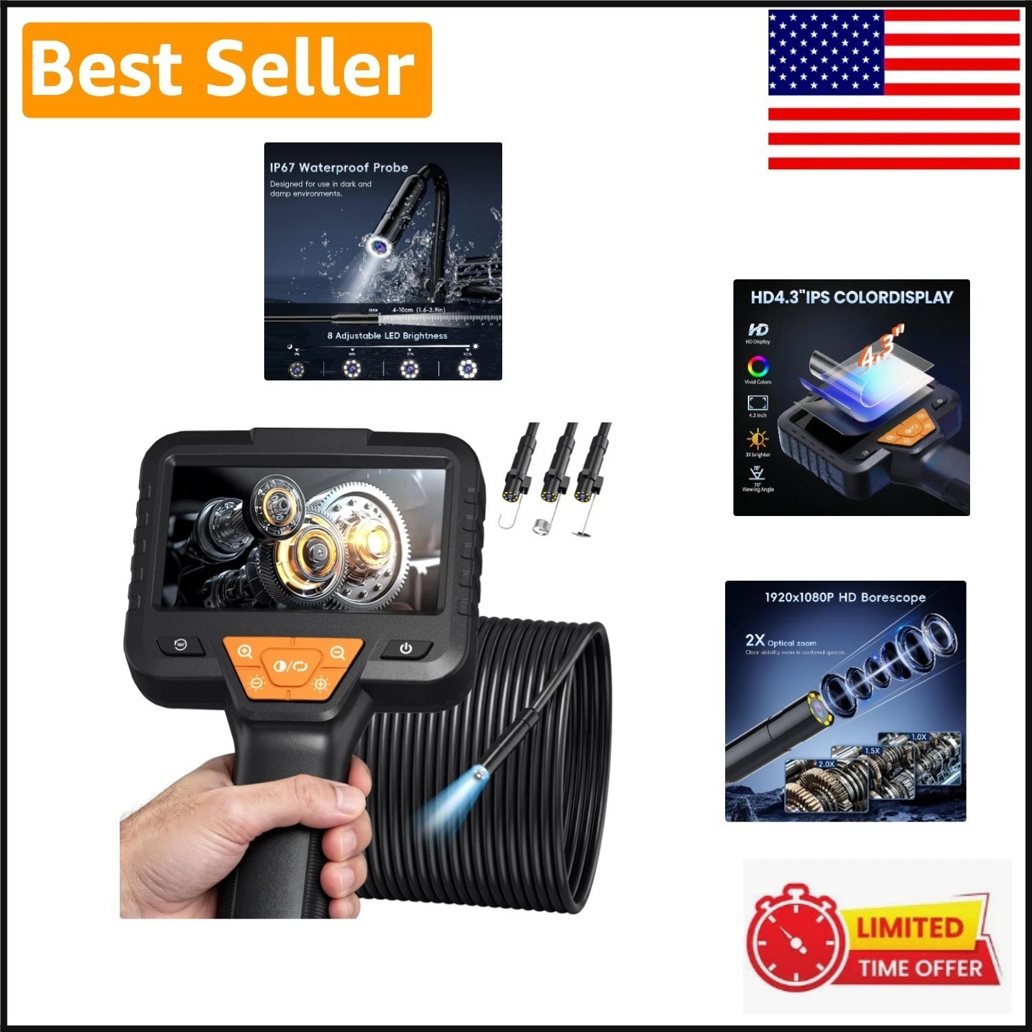 4.3" Color Screen 50FT Borescope Camera with Light - Perfect for Inspections