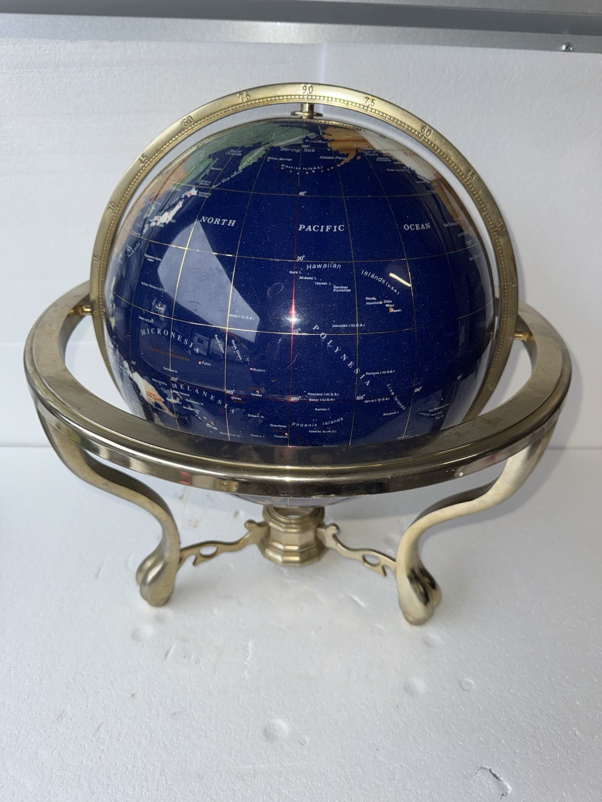 Decorative World Globe with Mother of Pearl Inlay Brass Stand 17” Vintage