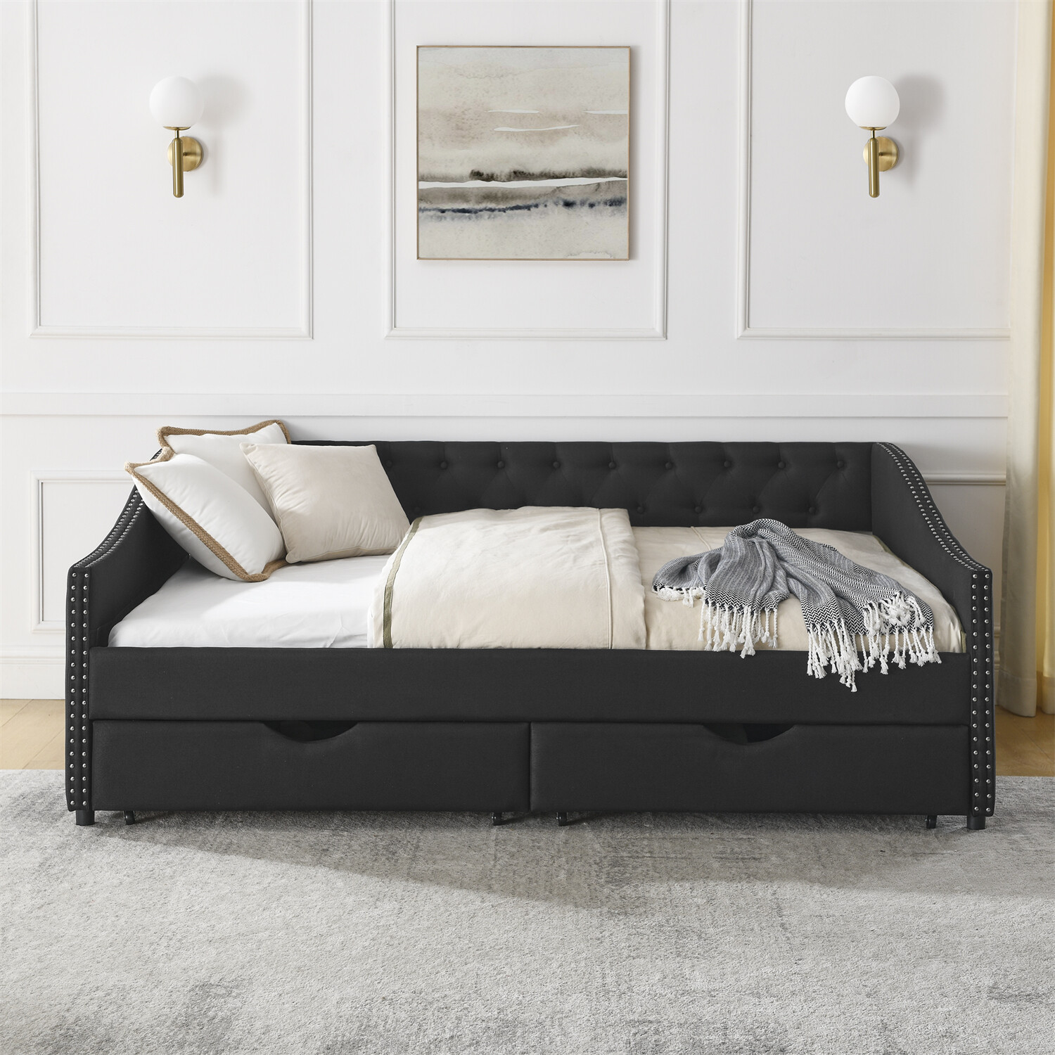 Full Size Daybed Upholstered Bed Frame Sofa Bed w/ 2 Storage Drawer US