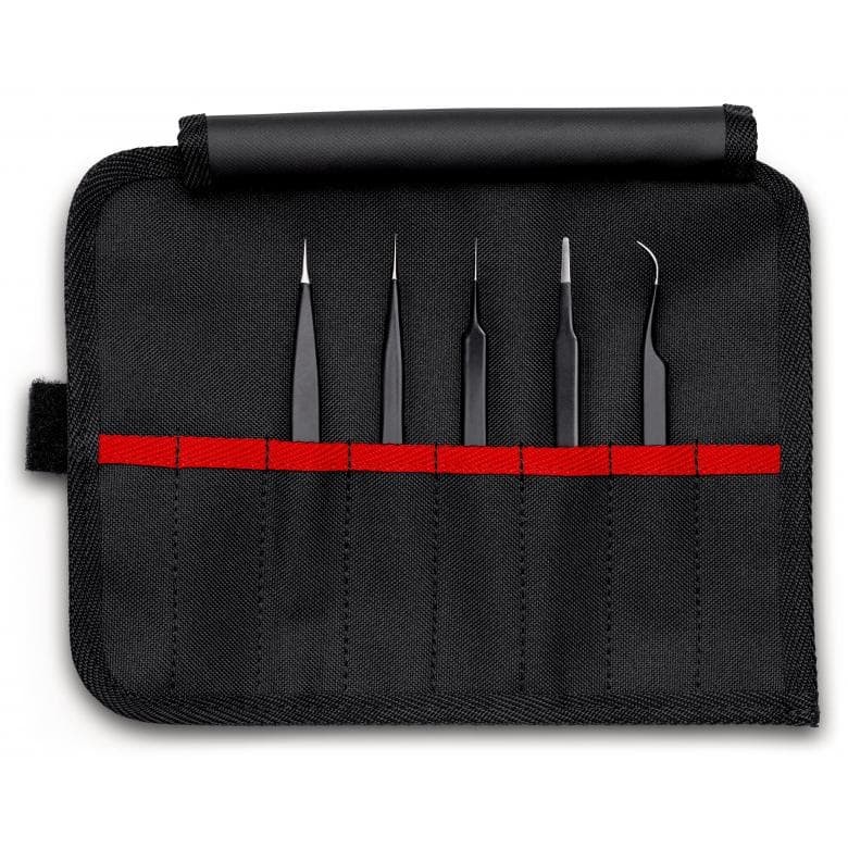 92 00 01 ESD 5 Pc Stainless Steel Tweezers Set in Tool Roll-ESD, Black