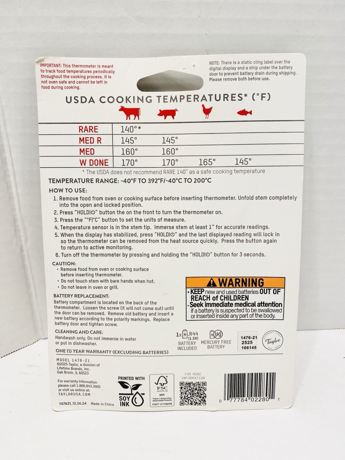 Taylor Compact Digital Display Folding Probe Kitchen Thermometer F/C New