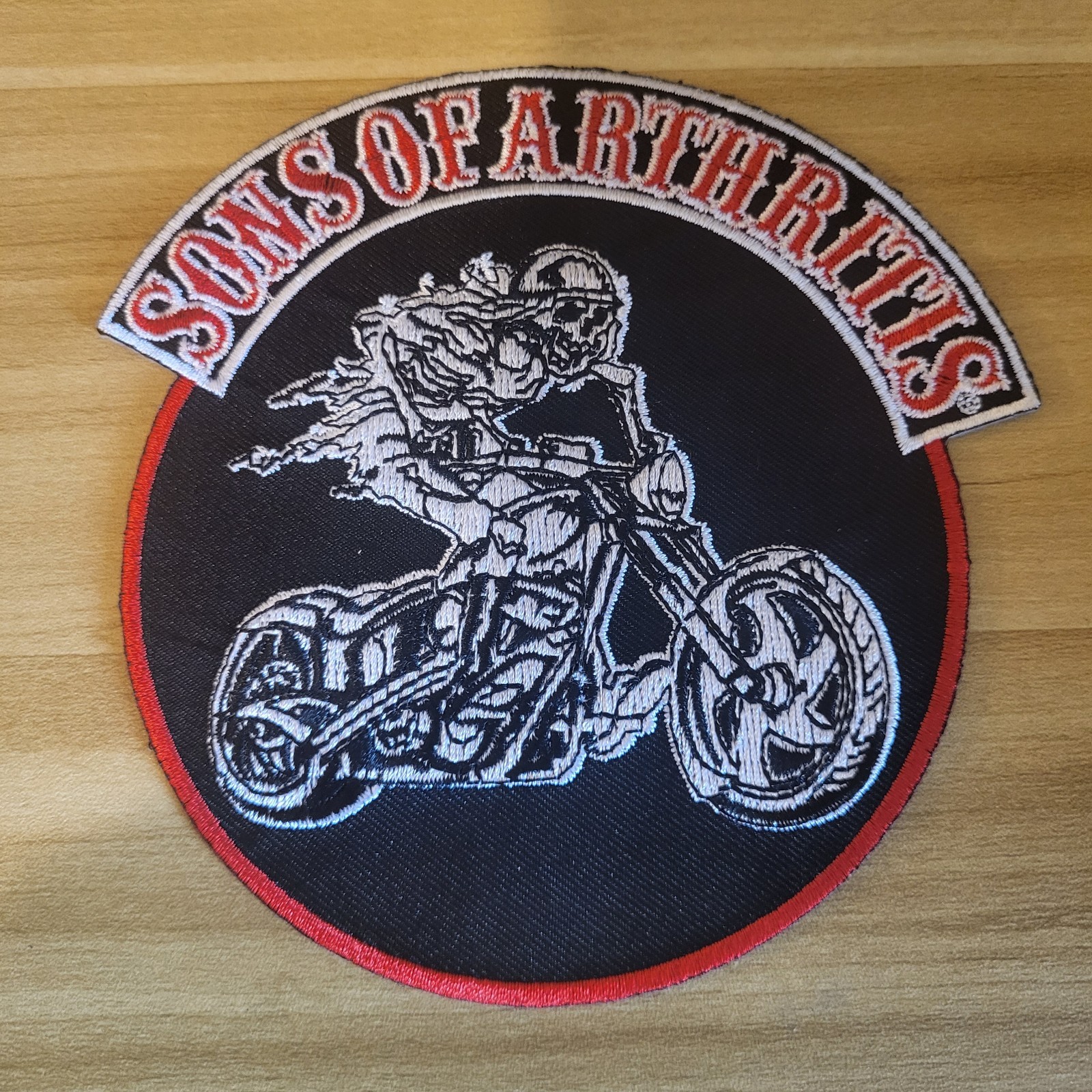 Sons Of Arthritis Biker Patch With Flaming Skeleton Embroidered 5"H x 4.75"W