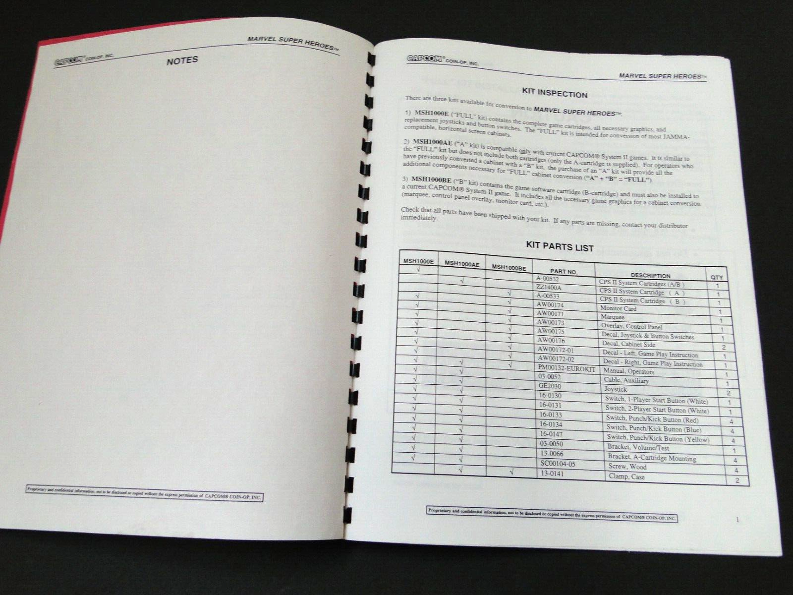 Vintage 1995 Capcom - Marvel Super Heroes Arcade Operators Manual