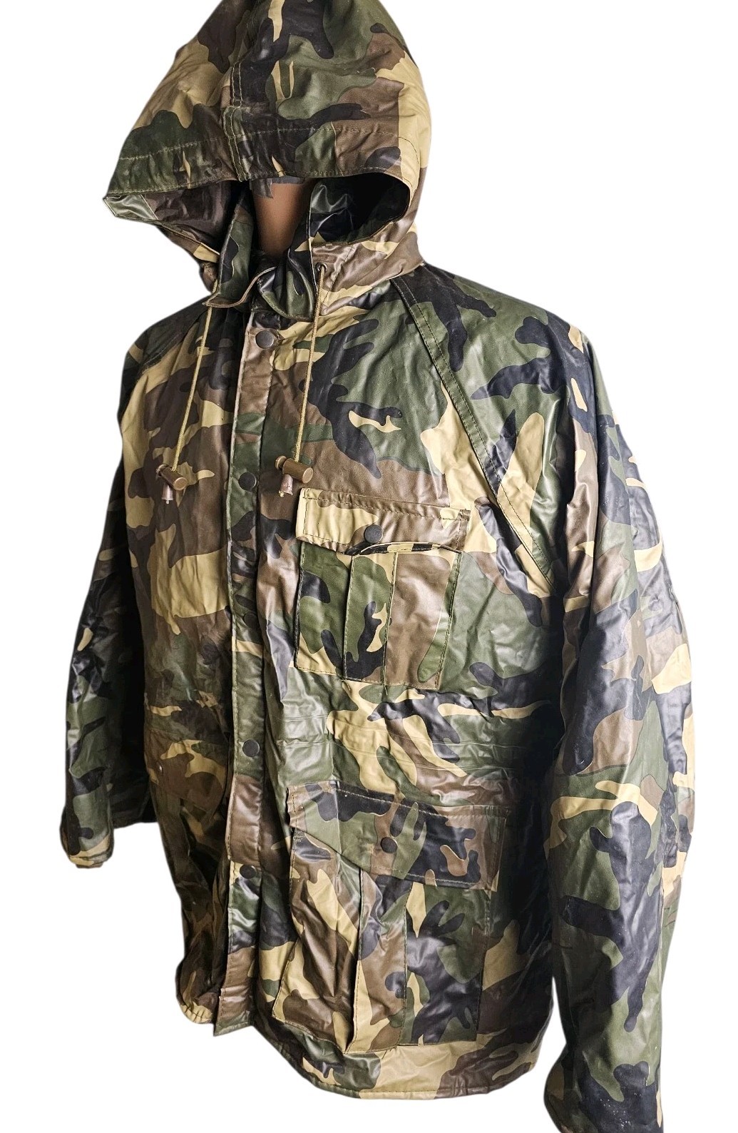 Vtg Duck Bay Jacket Camo PVC Hooded Waterproof Quilted Men L Gorpcore