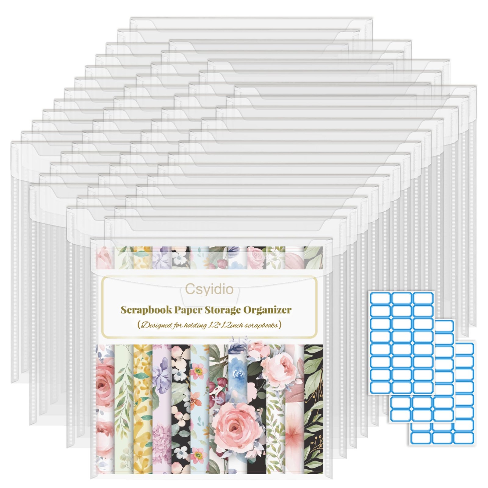 10 PCS 12 x 12 Inch Scrapbook Paper Storage Organizer with Label Stickers, Cl...