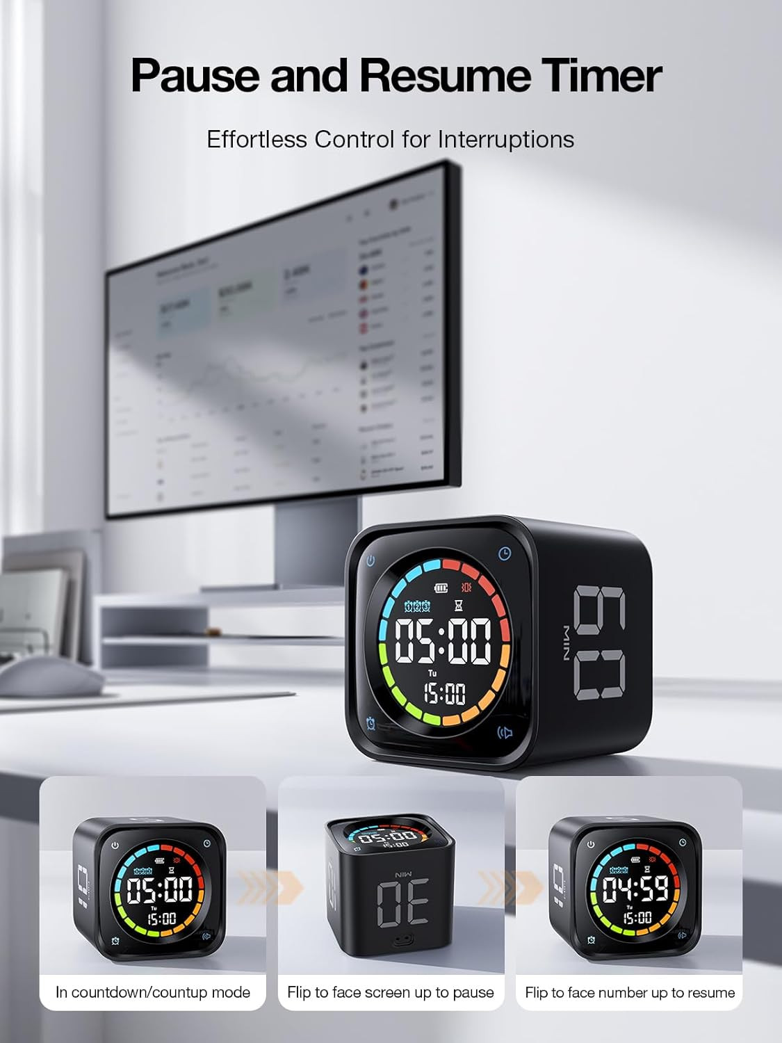 Ticktime TK3 Pomodoro Timer Cube, Productivity Timer, 5/10/30/60 Min Presets