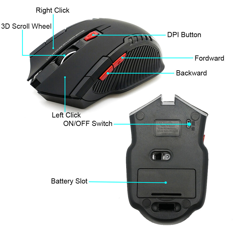 Wireless Gaming Mouse 2.4G Portable Optical Desktop Laptop - 6 Buttons BLACK USA