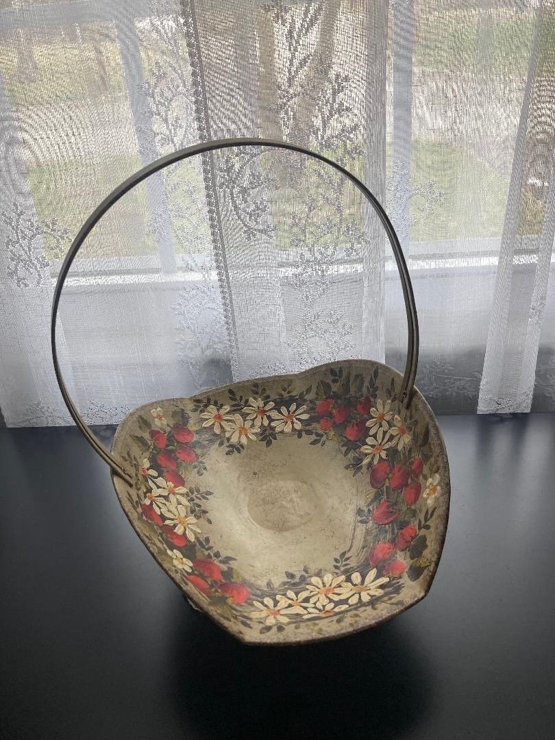 Vintage Toleware Metal Basket with Handle