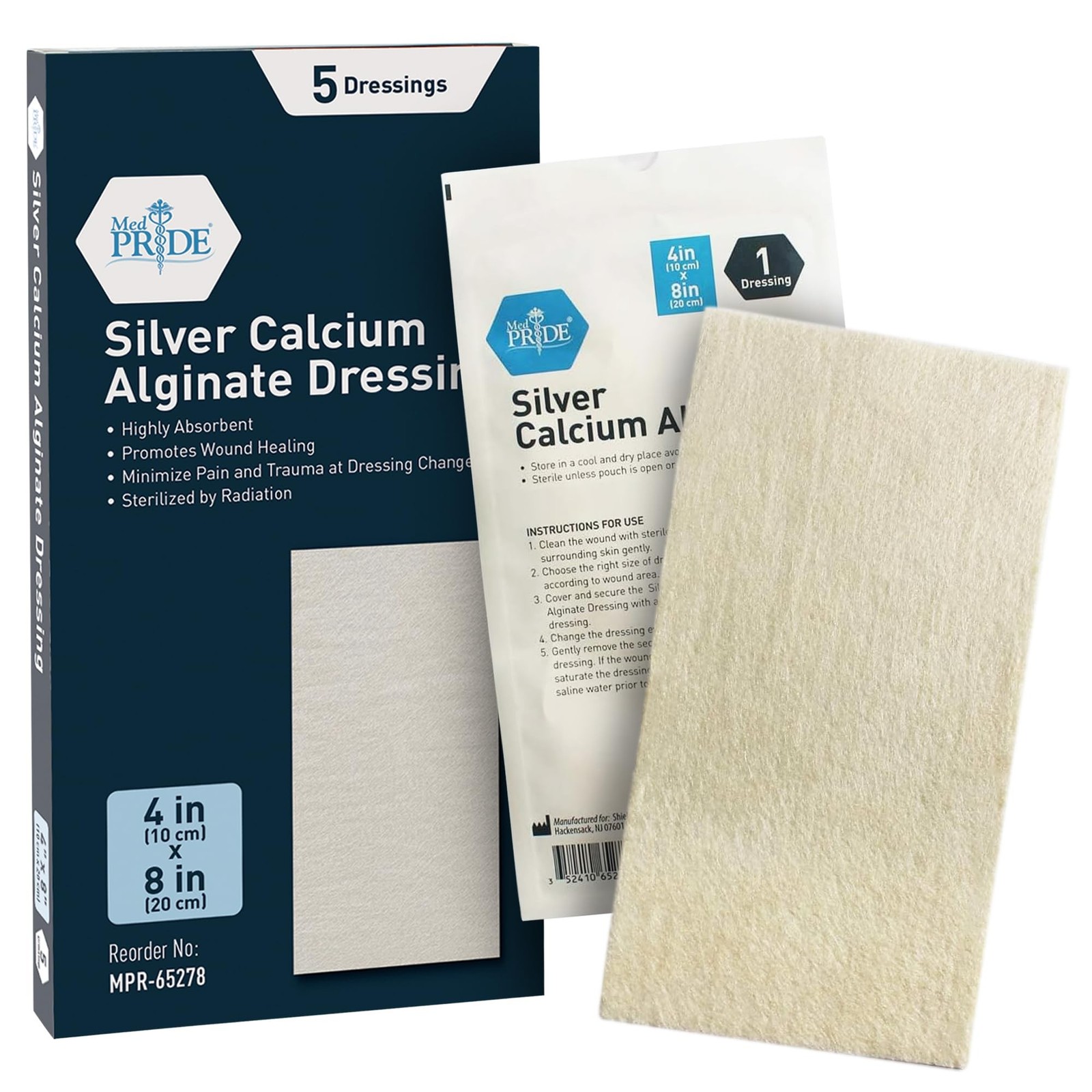 MED PRIDE Silver Calcium Alginate Wound Dressing Pads, Pack of 5, Non Stick, ...