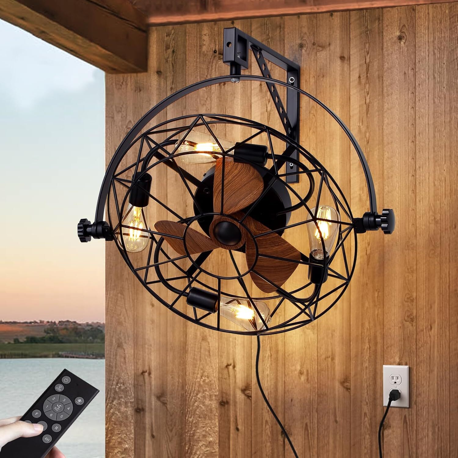 20" Farmhouse Ceiling Fan Light Flush Mount Caged Lights kit With Remote Control