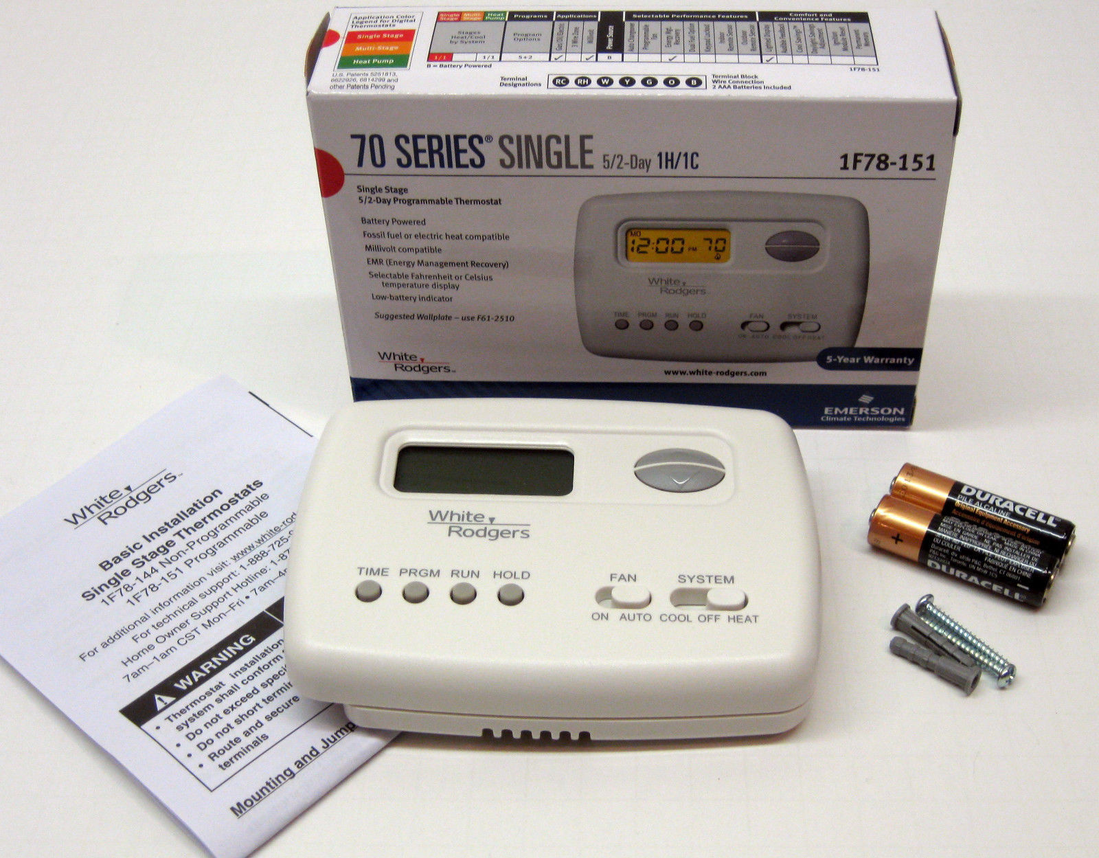 1F78-151 White Rodgers Wall Thermostat 24V Millivolt Battery Programmable 5+2