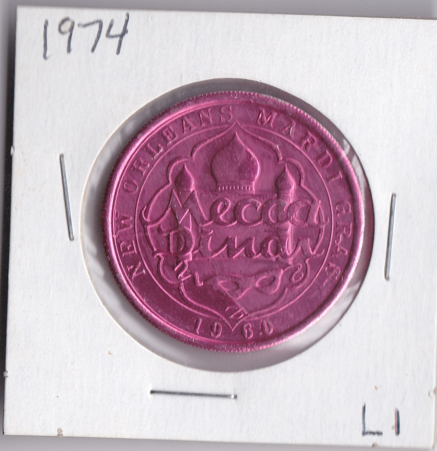 1974 Mecca Dinar  ALUMINUM  MARDI GRAS DOUBLOON/WISH ME AN ISLAND (L1)