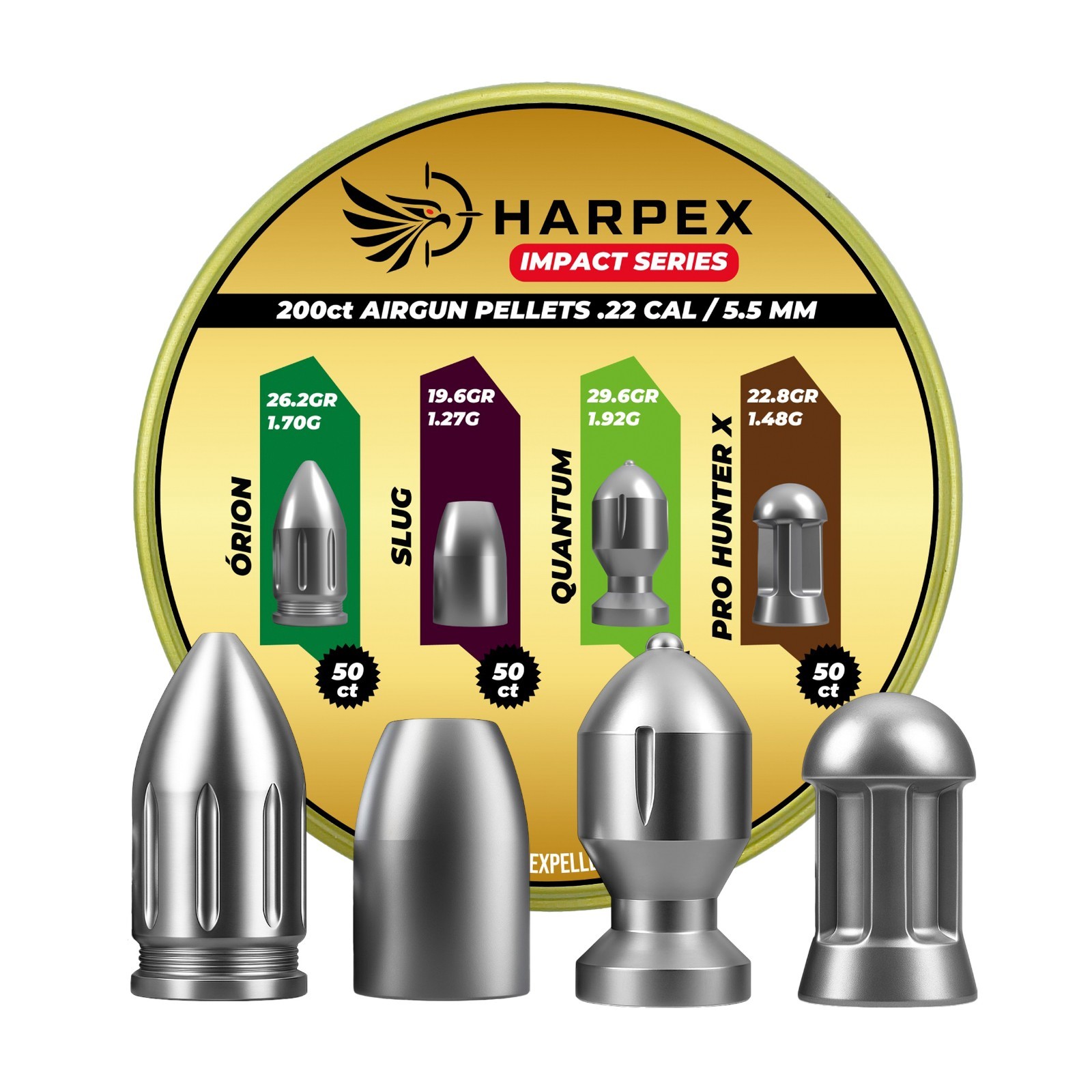 HARPEX Impact Series 200 Count / 4 Type 5.5mm .22 Caliber SLUG PELLETS SAMPLER