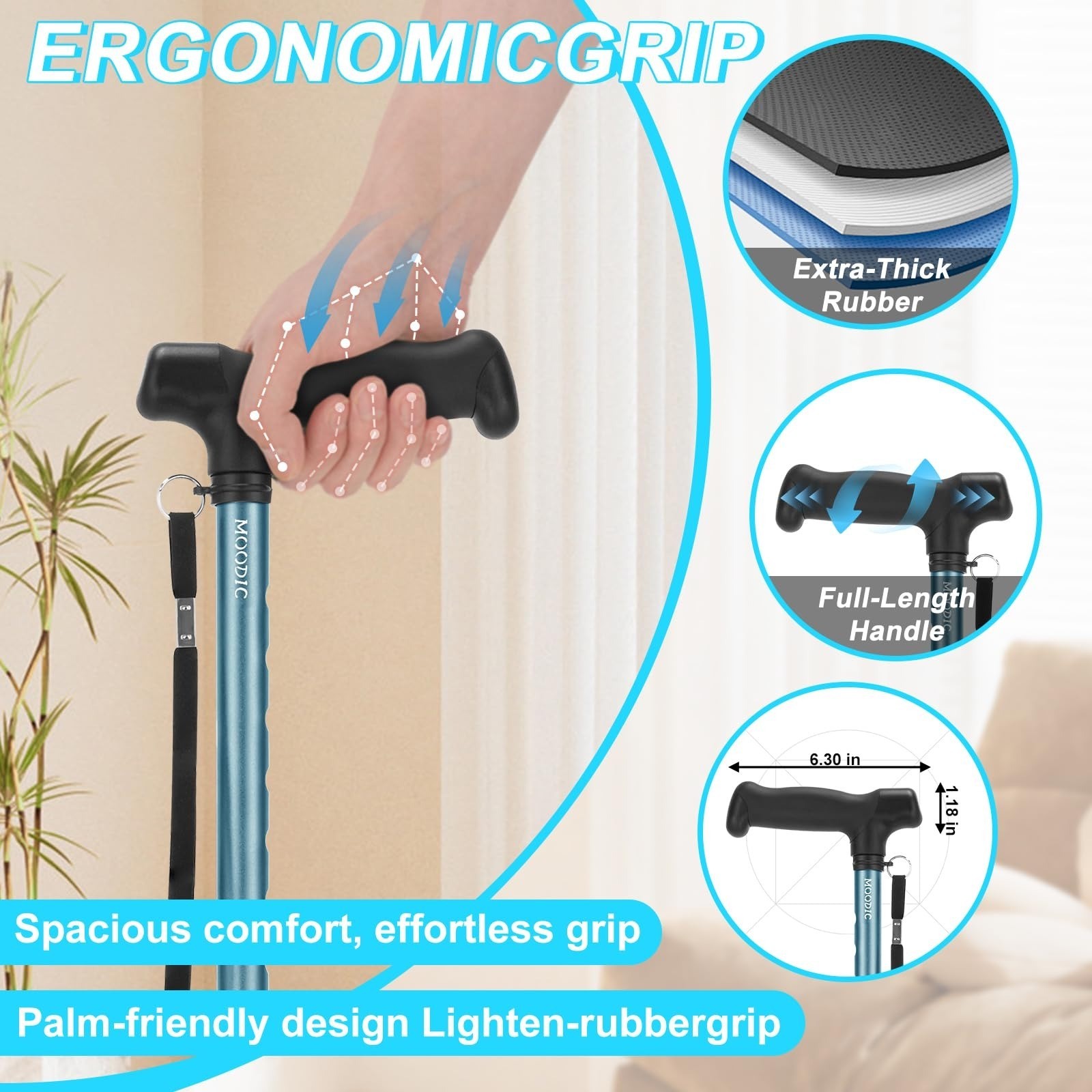 MOODIC Extra Tall Walking Cane, 300 lbs Capacity, Adjustable Height, Blue