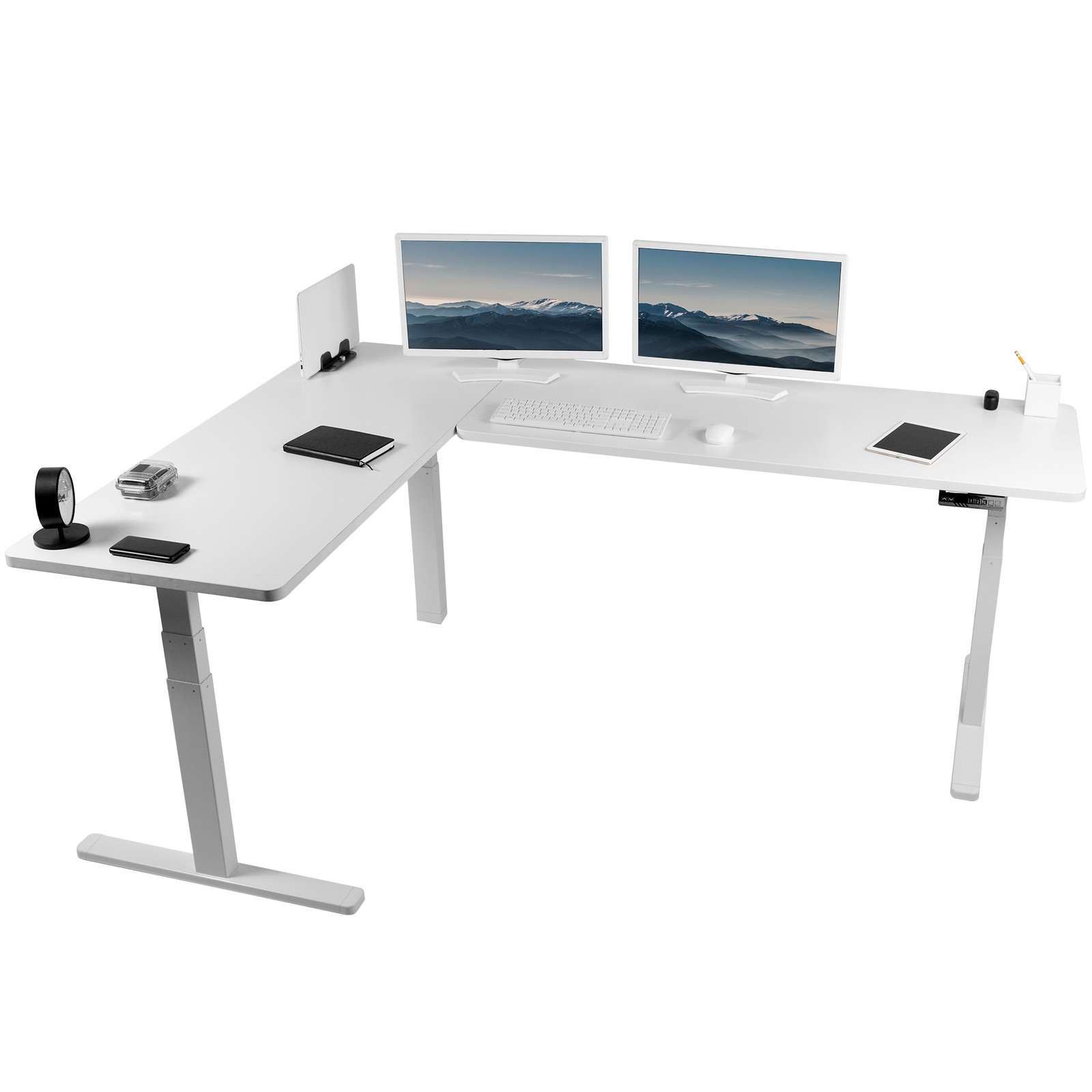 VIVO Electric 83" x 60" Stand Up Corner Desk, White Table Tops, White Frame