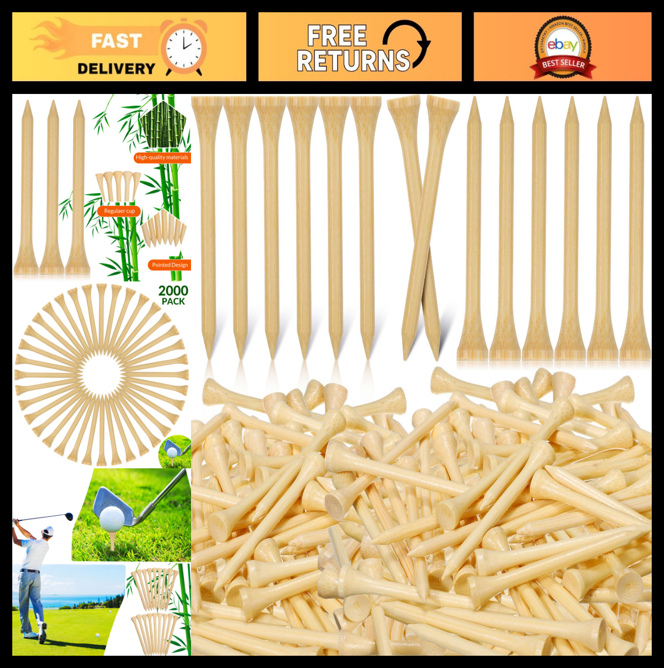 2000 Pcs Bamboo Golf Tees - Professional Bulk Set, Reduce Friction & Side Spin,