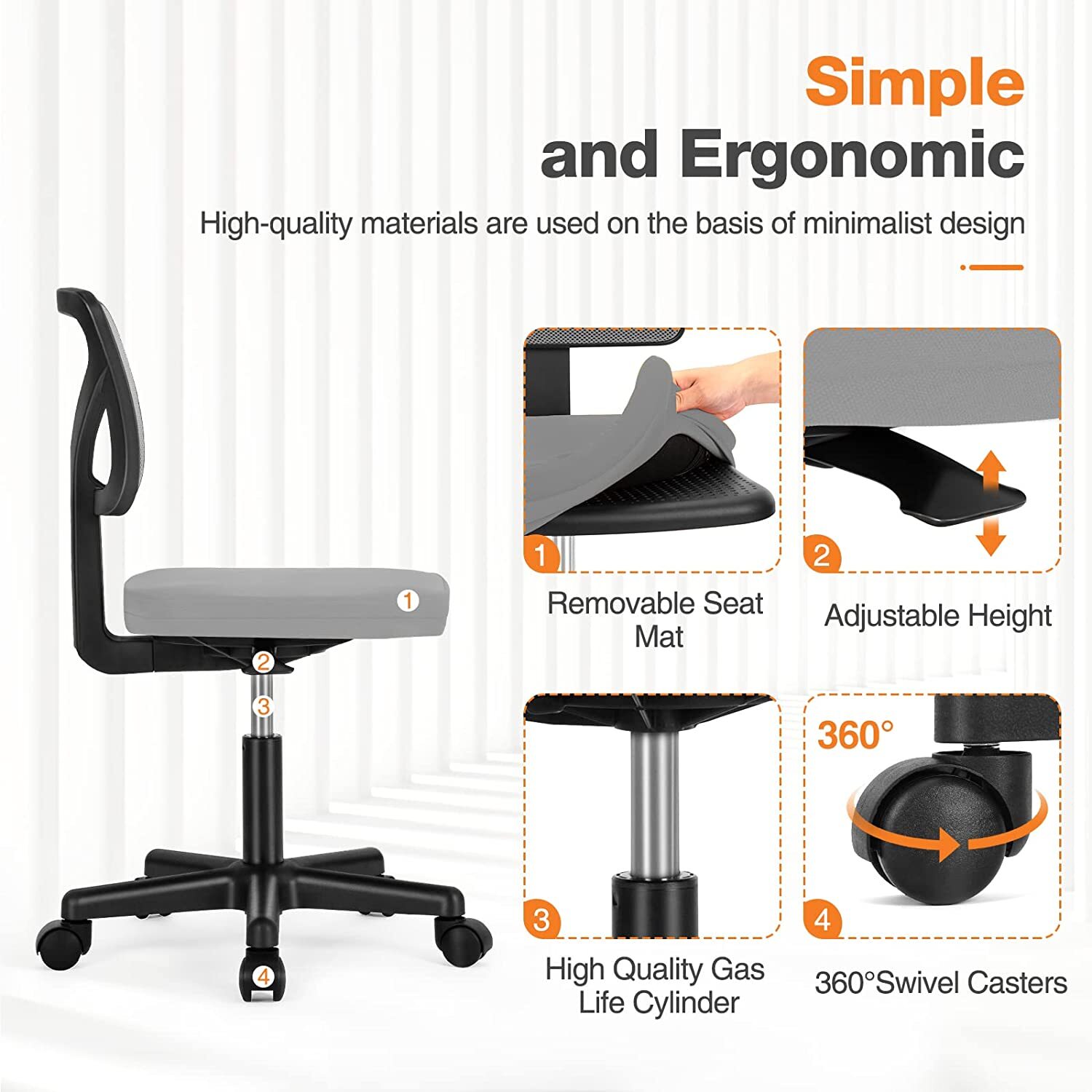 Cute Armless Mesh Task Chair, Swivel Rolling Desk Chair for Home Office
