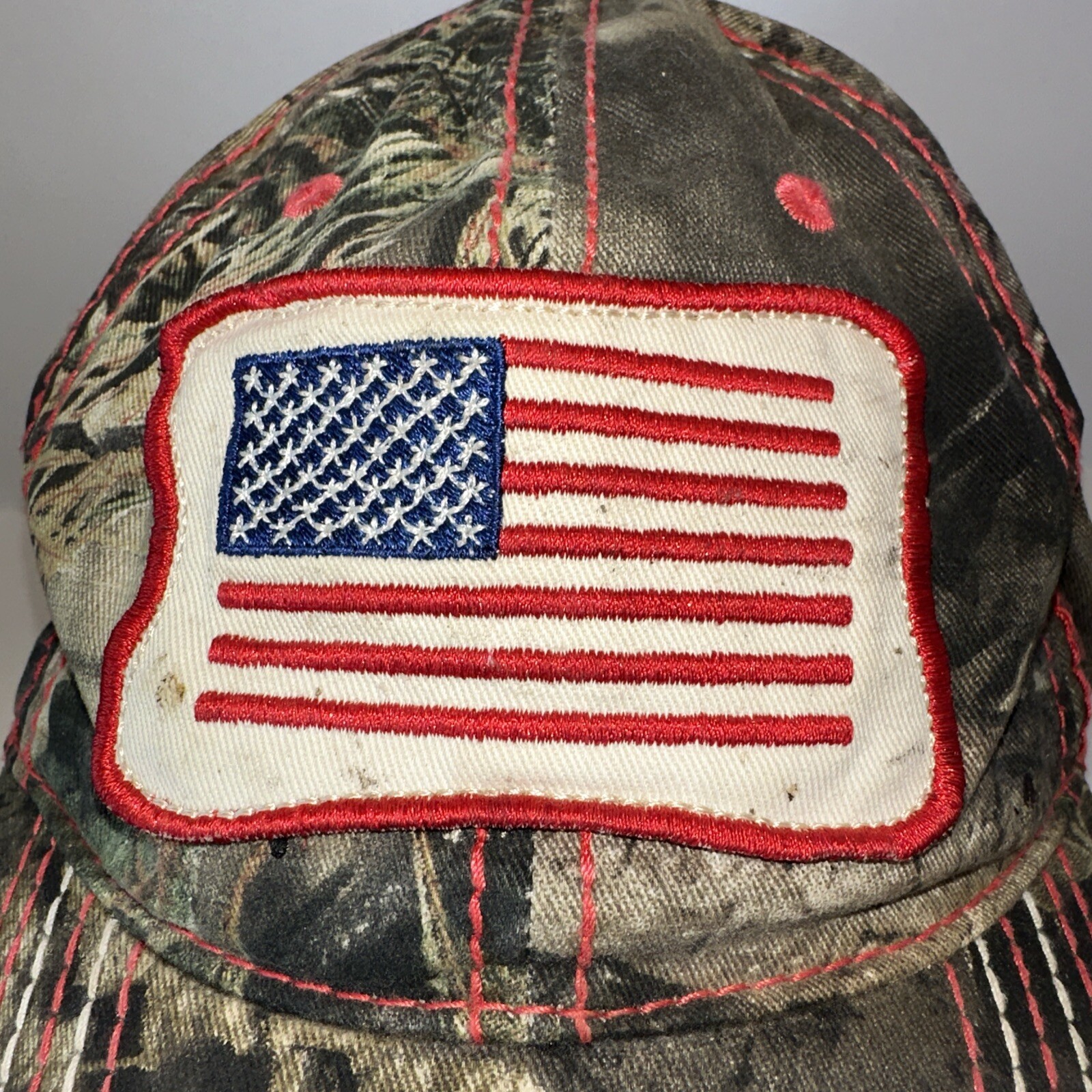 Camouflage Distressed Greens Red White Hat Cap White American Flag Patch