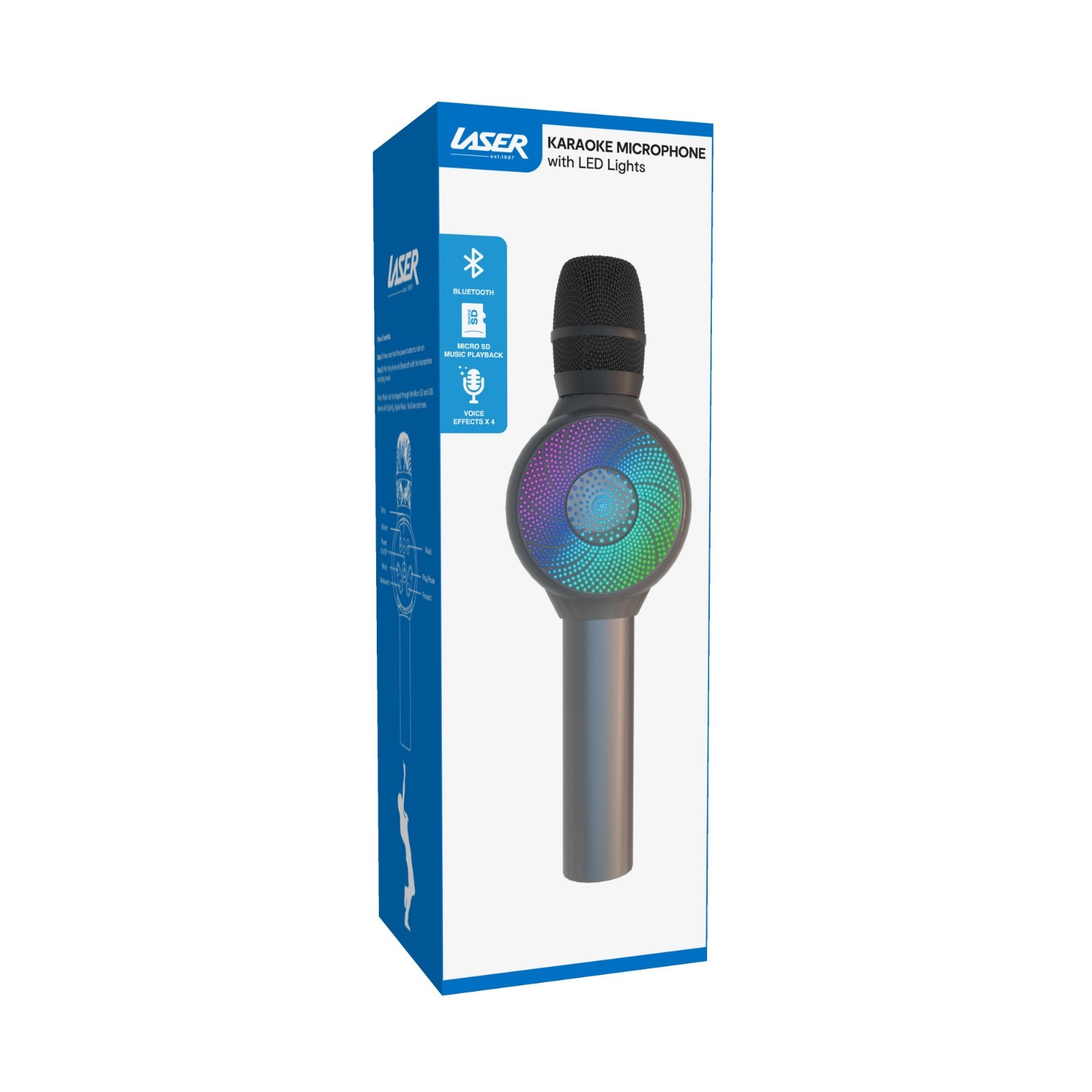 Wireless Karaoke Microphone Silver by Laser with LED Lights and Bluetooth