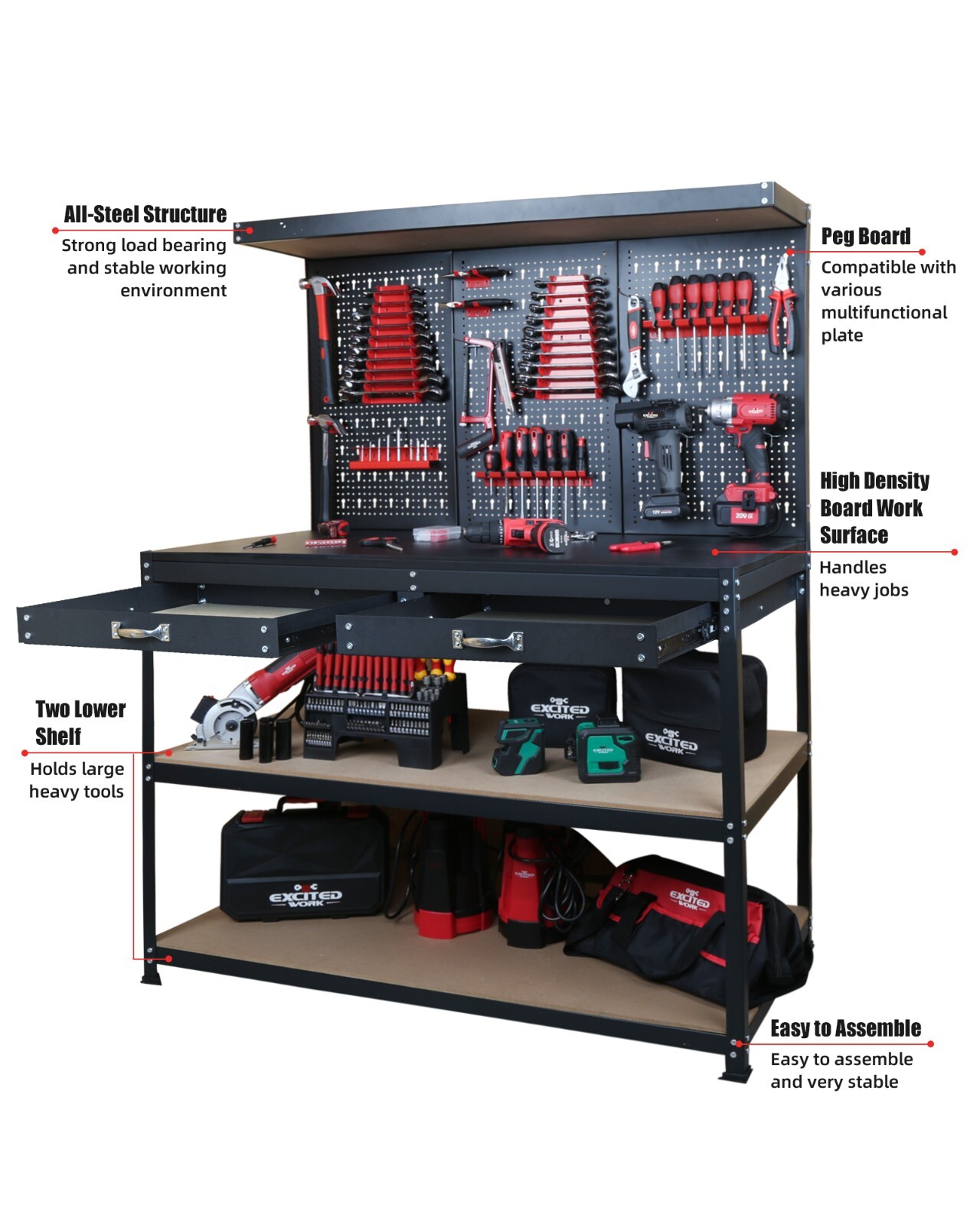 47.25 Inch Heavy Workbench with Pegboard,Hooks,and Drawers-Sturdy Garage Work