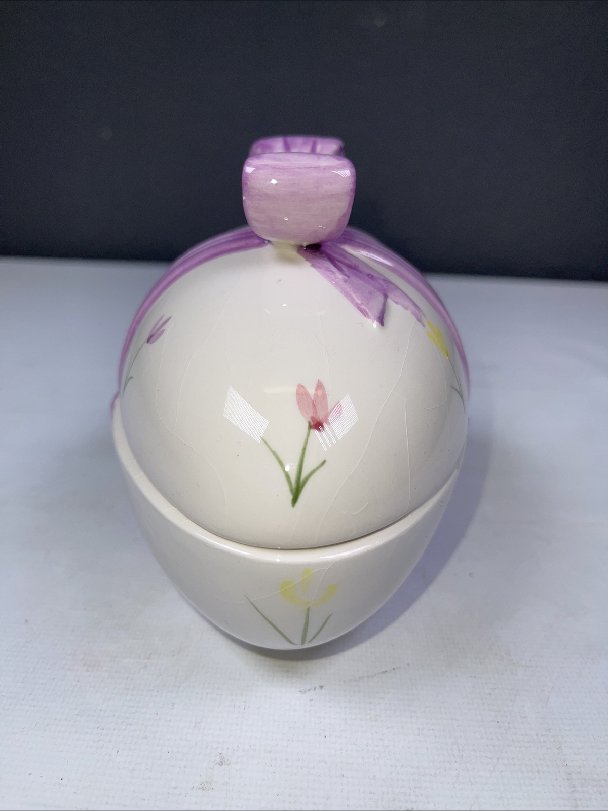 Interpur Porcelain Easter Egg Trinket Box Pink Bow Flowers
