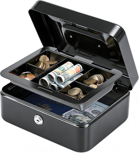 KYODOLED Medium Cash Box with Removable Money Tray, Key Lock Medium, Black