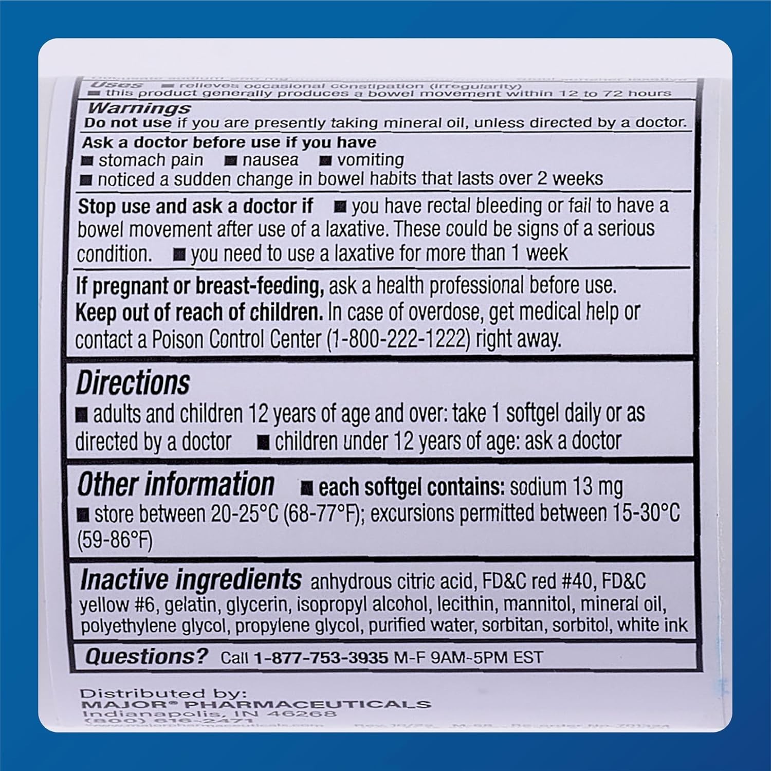 Major Docusate Sodium 250mg 100 Softgels – Constipation Relief - Stool Softner