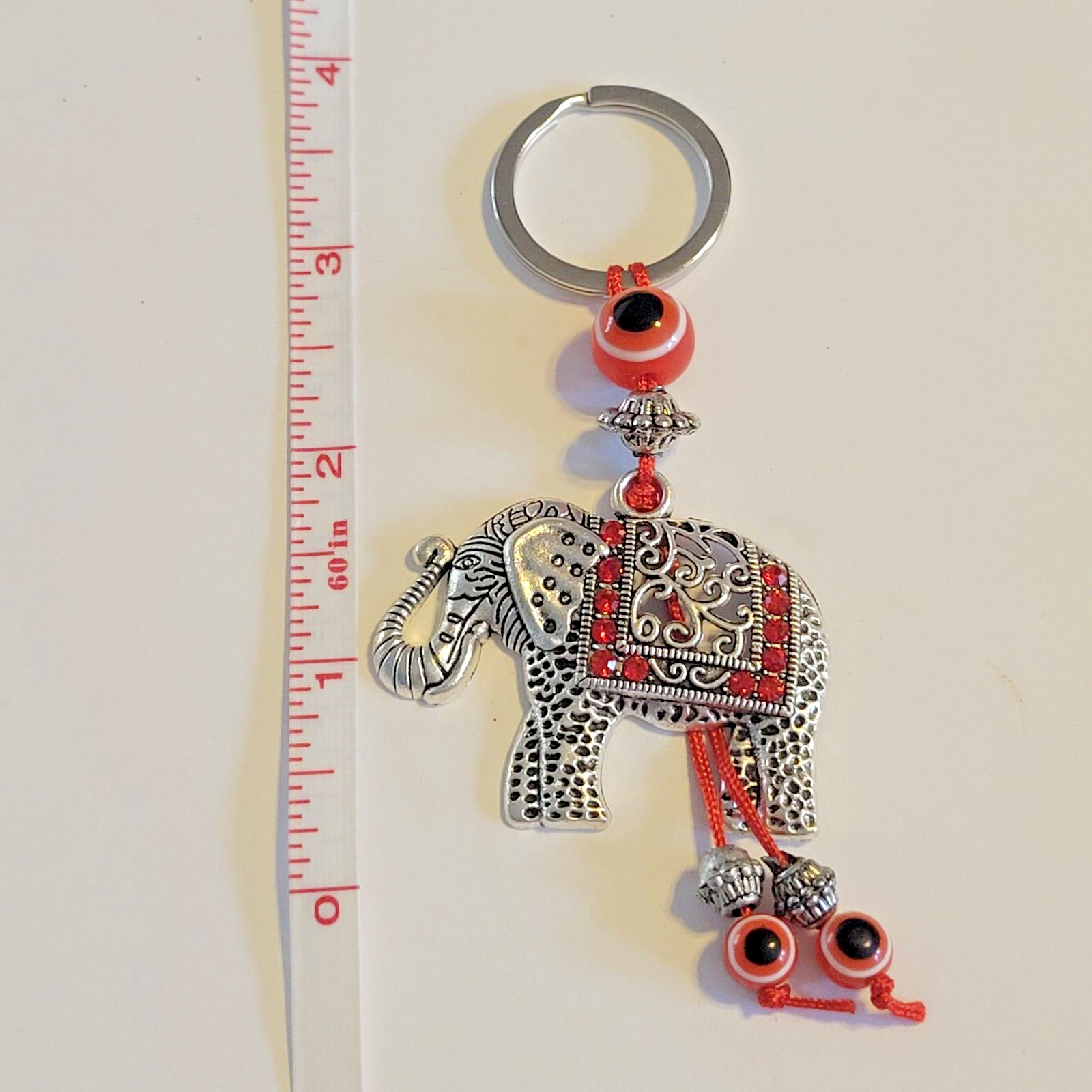 Elephant Key Chain Hanging Ring Silver Mati Red Evil Eye Protection Rhinestones