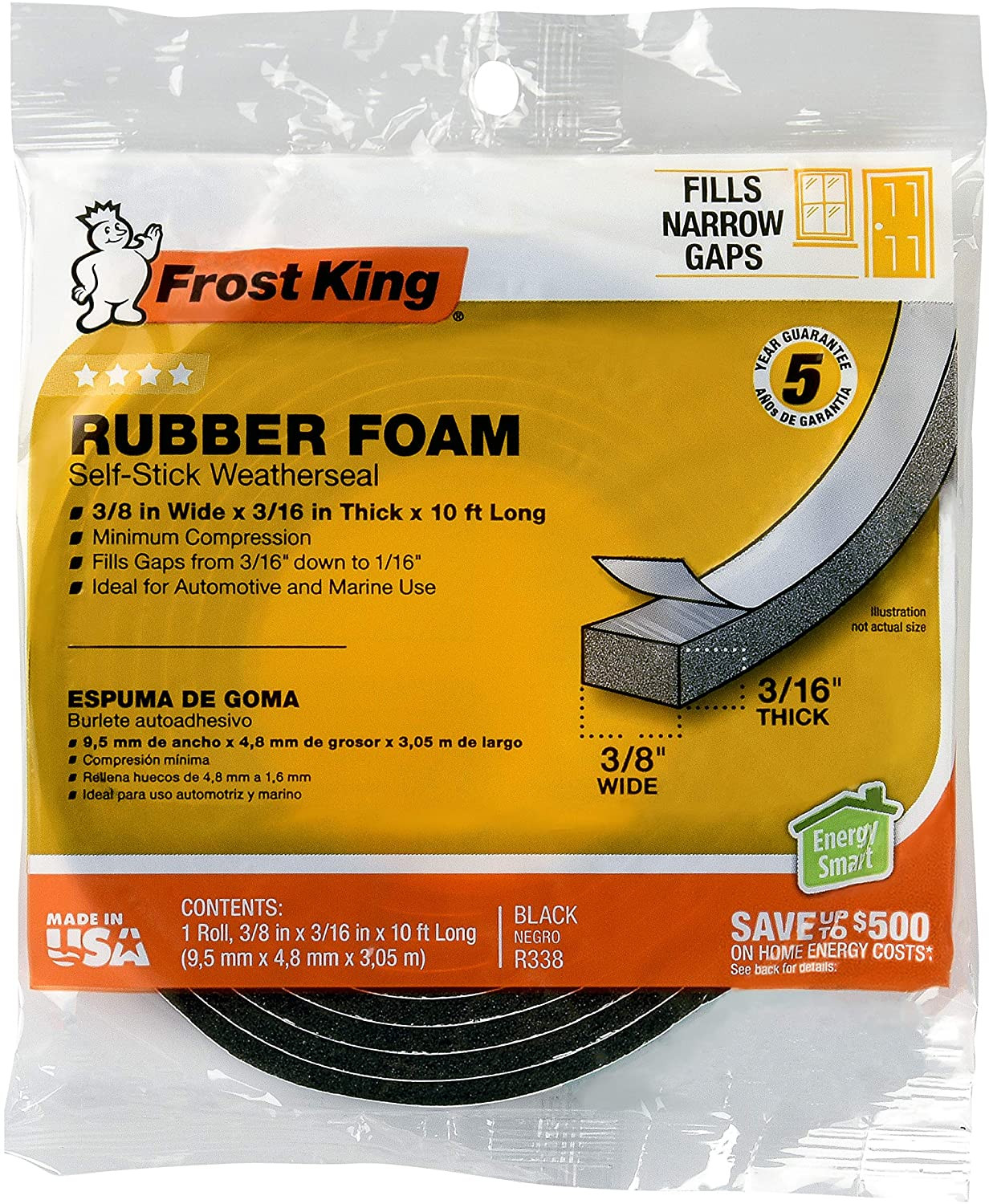 R338H Self-Stick Rubber Foam Weatherseal, 3/8"W, 3/16"T, Black|Blacks