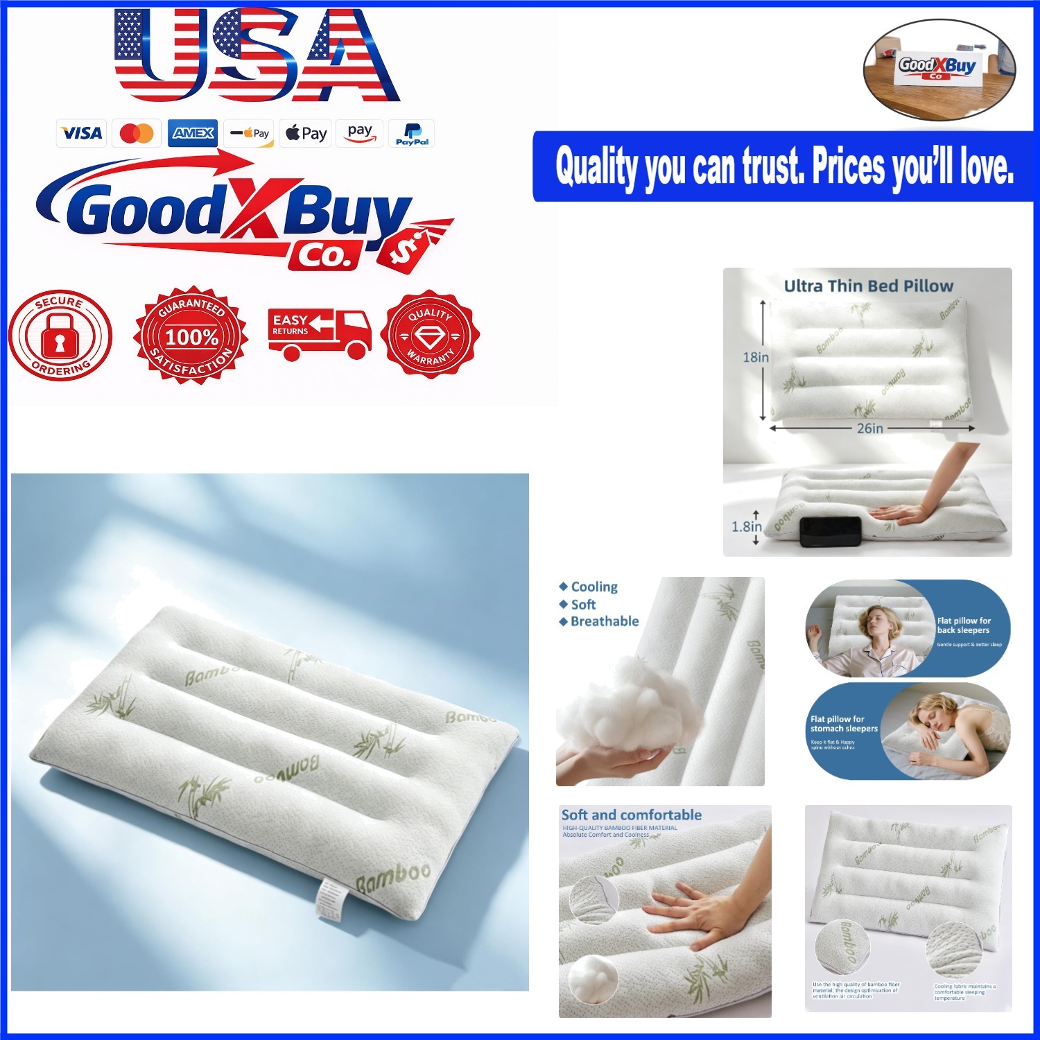 Flat Bamboo Rayon Pillow for Back & Stomach Sleepers 2.5 Inch Soft Support Be...