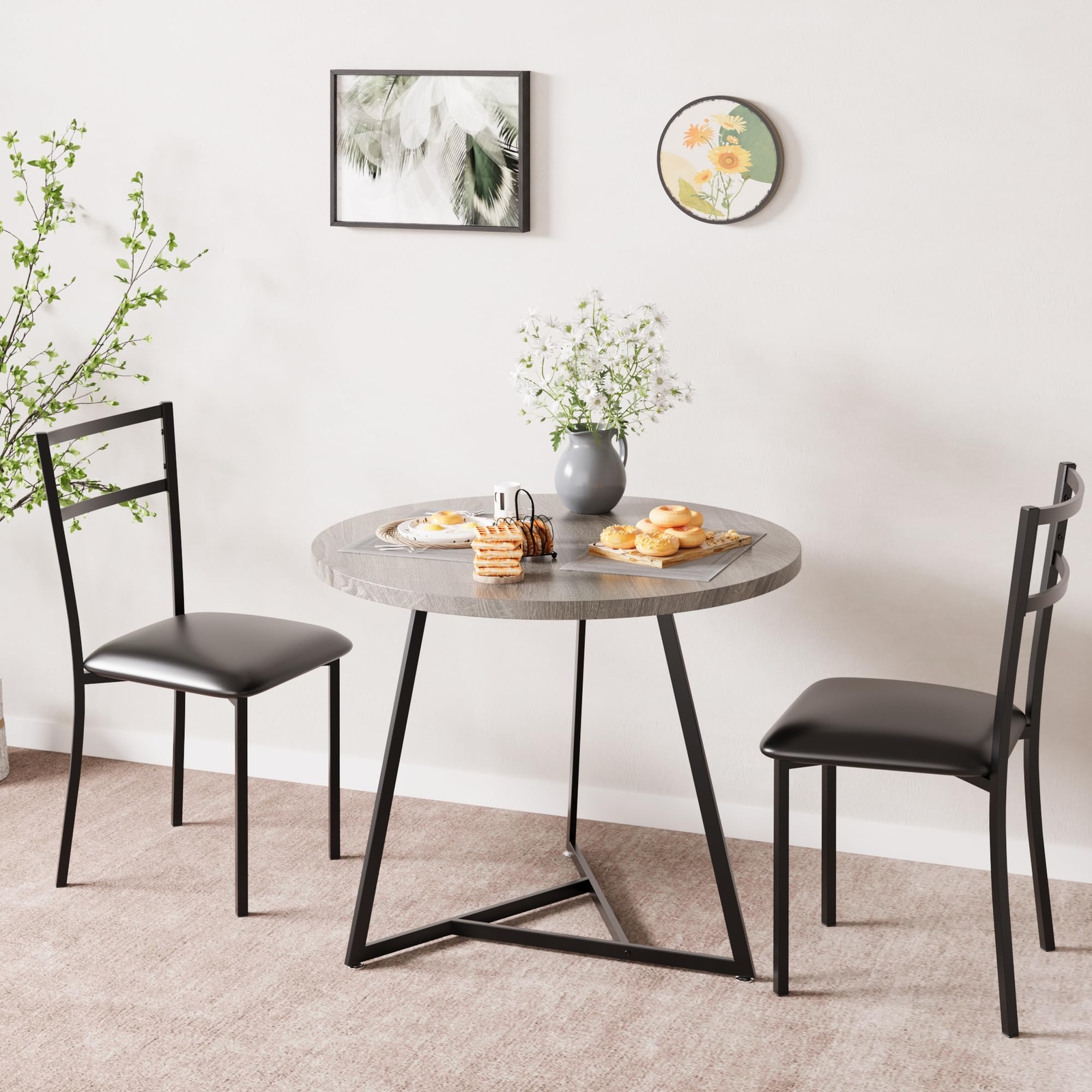 Round Dining Table Set for 2, Kitchen Table with 2 Upholstered Chairs for Small