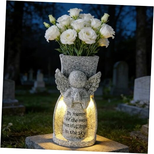Solar Cemetery Flower Vase Angel Memorial Vase for Grave Outdoor Waterproof