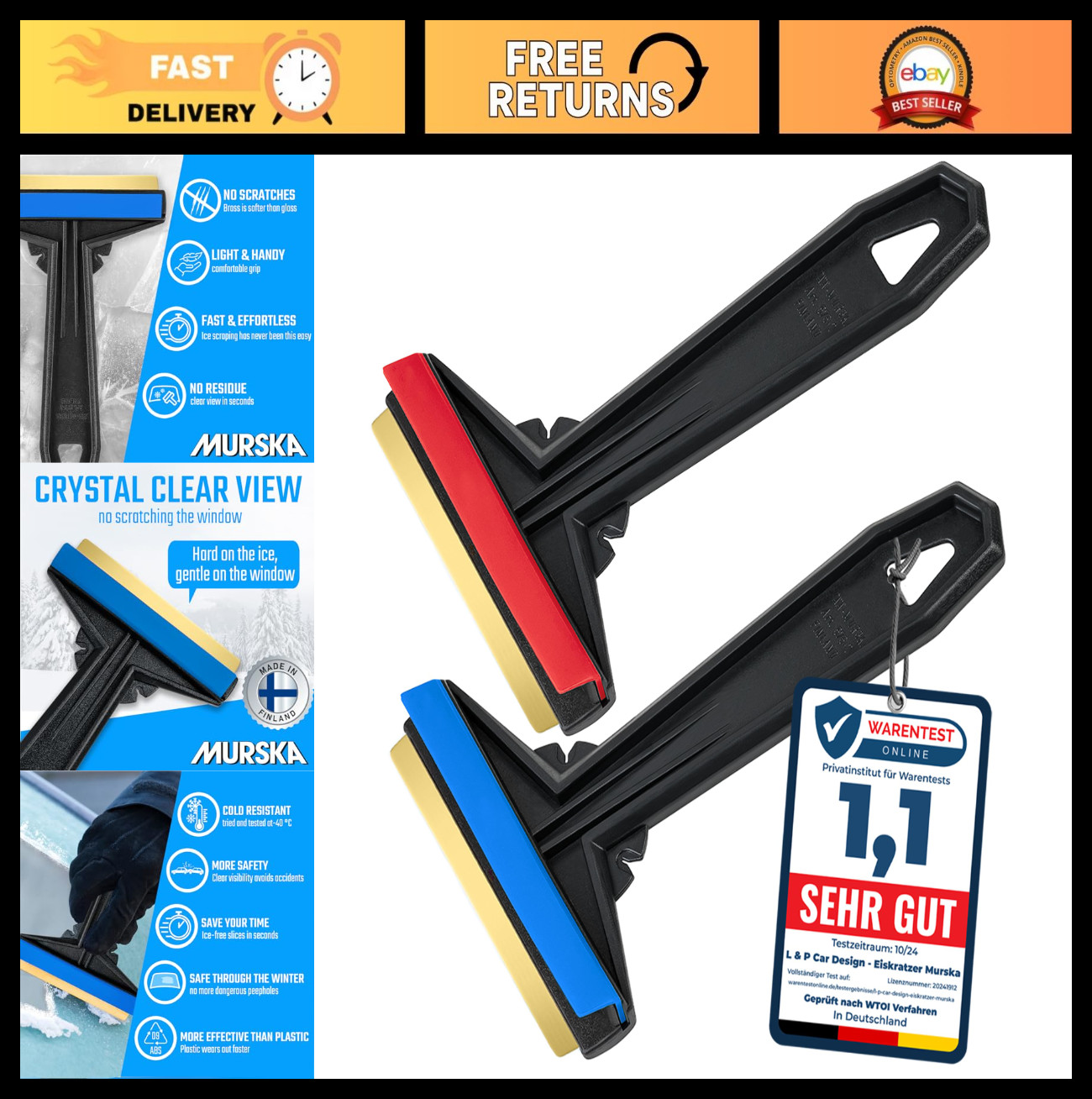 Efficient Brass Blade Car Ice Scraper - 2 Pack Windshield Snow Remover Tool