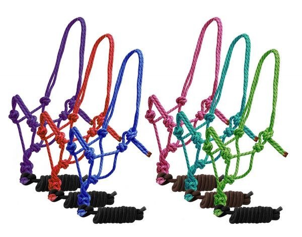 COWBOY KNOT HALTER with Removable 7.5' LEAD ROPE Braided Nylon with Rubber End
