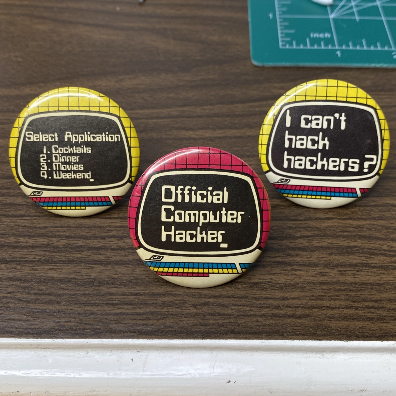 3 Vintage IT Tech Computer Engineering Pinback Buttons Centennia Computer Humor