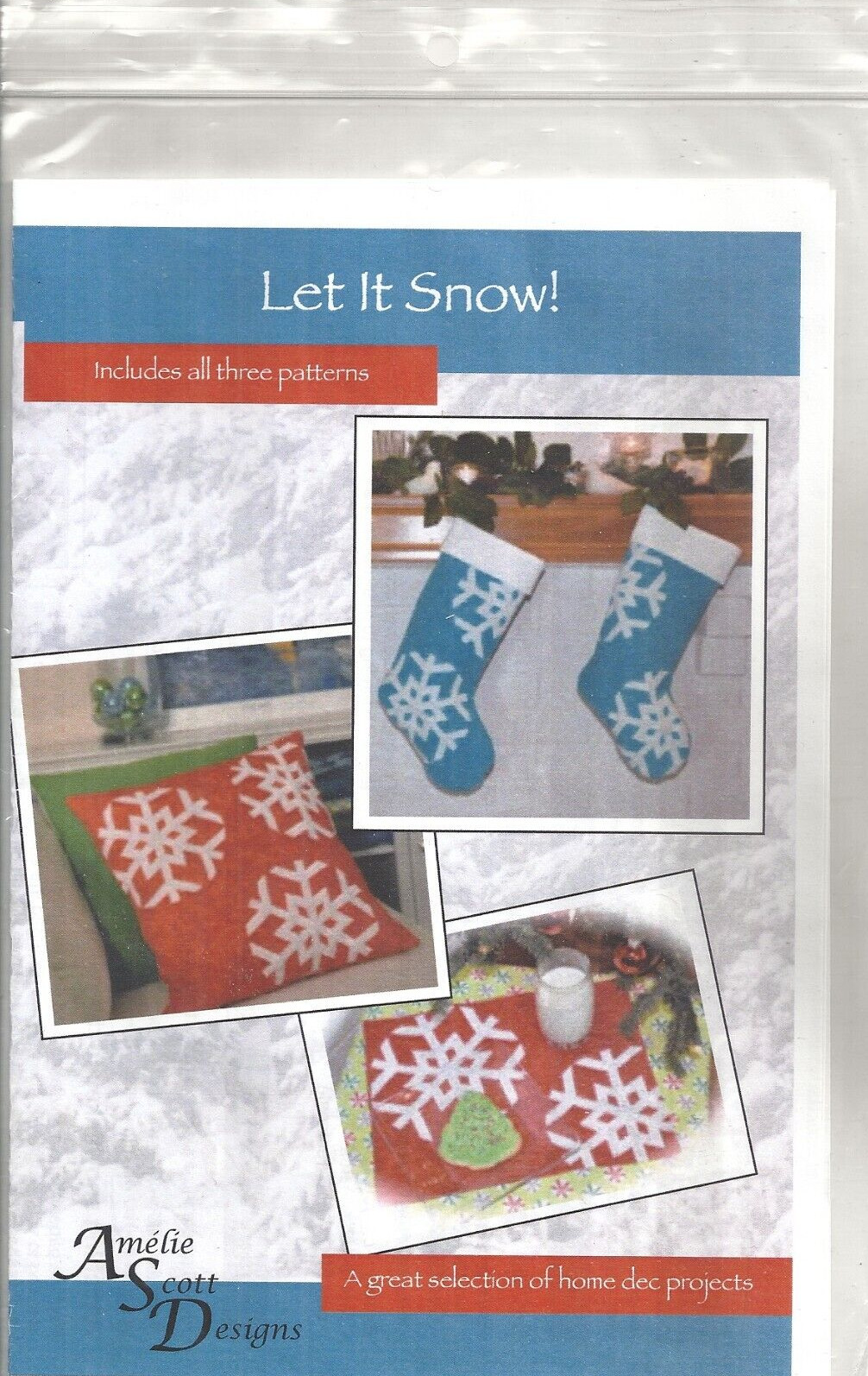 AMÉLIE SCOTT DESIGNS "LET IT SNOW" PILLOW, PLACEMAT, STOCKING SEWING PATTERN