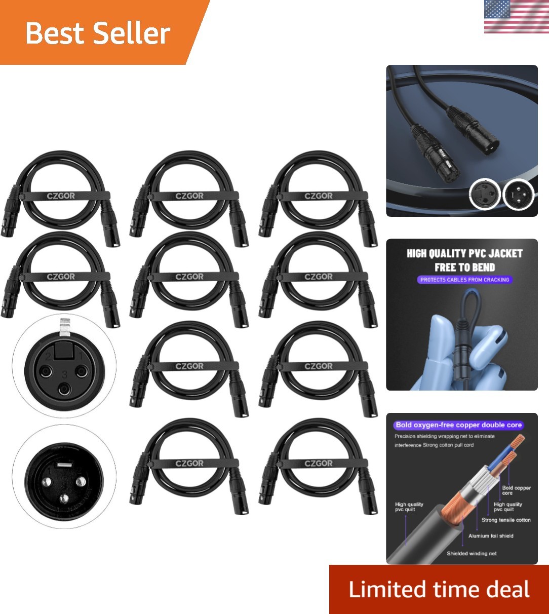 DMX Cable 3.9ft, 10 Pack, Flexible 3 Pin XLR Male to Female for Stage Lightin...