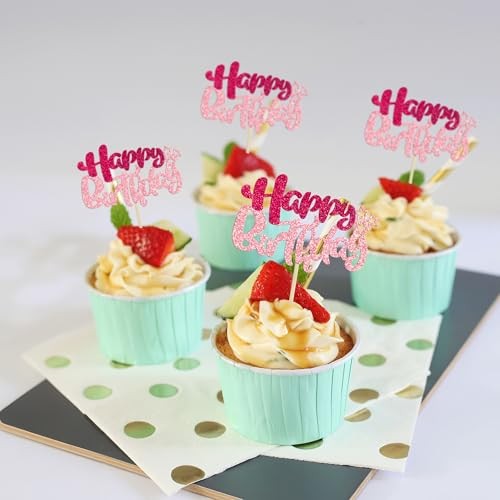 Ephlyn 24Pcs Happy Birthday Cupcake Toppers Double Layer Rose Red Pink Style 1