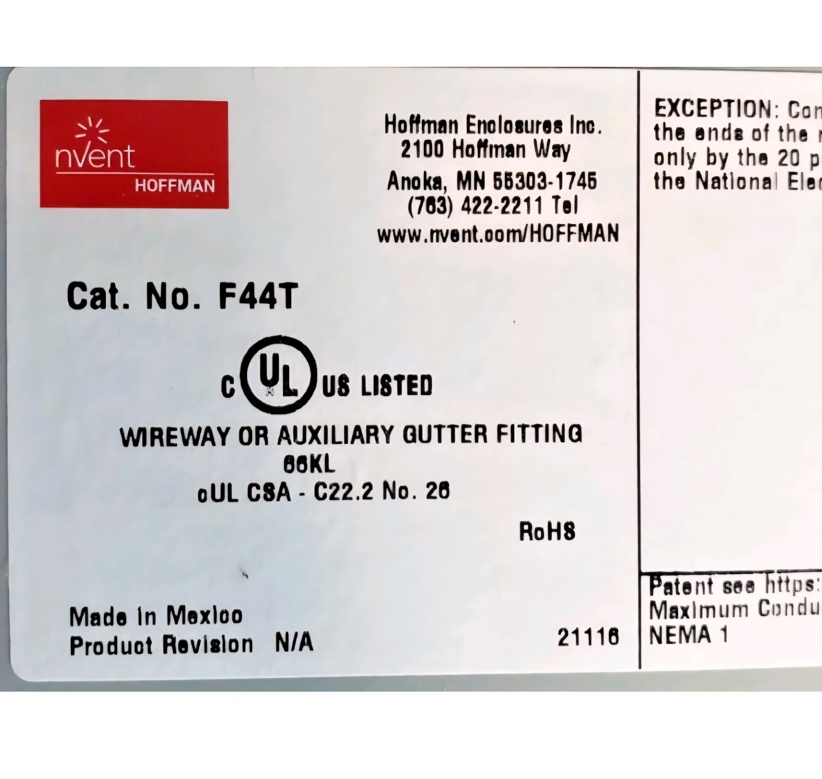 HOFFMAN F44T WIREWAY OR AUXILIARY GUTTER FITTING. SWEEP TEE.