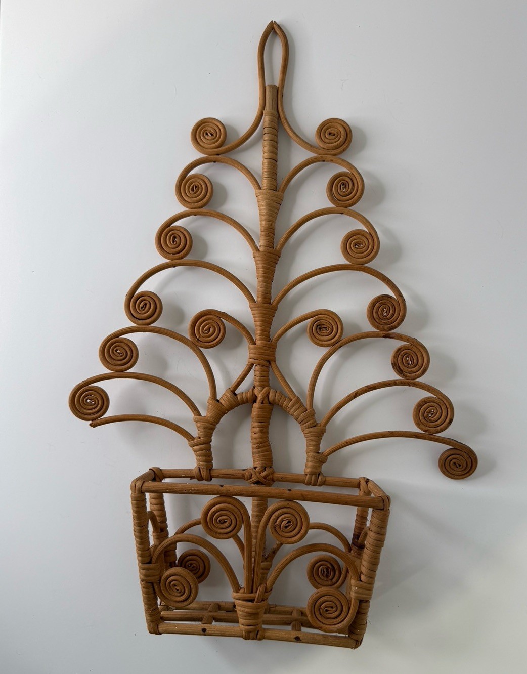 Vintage Rattan Bamboo Scrolled Tree Basket Boho MCM Italian