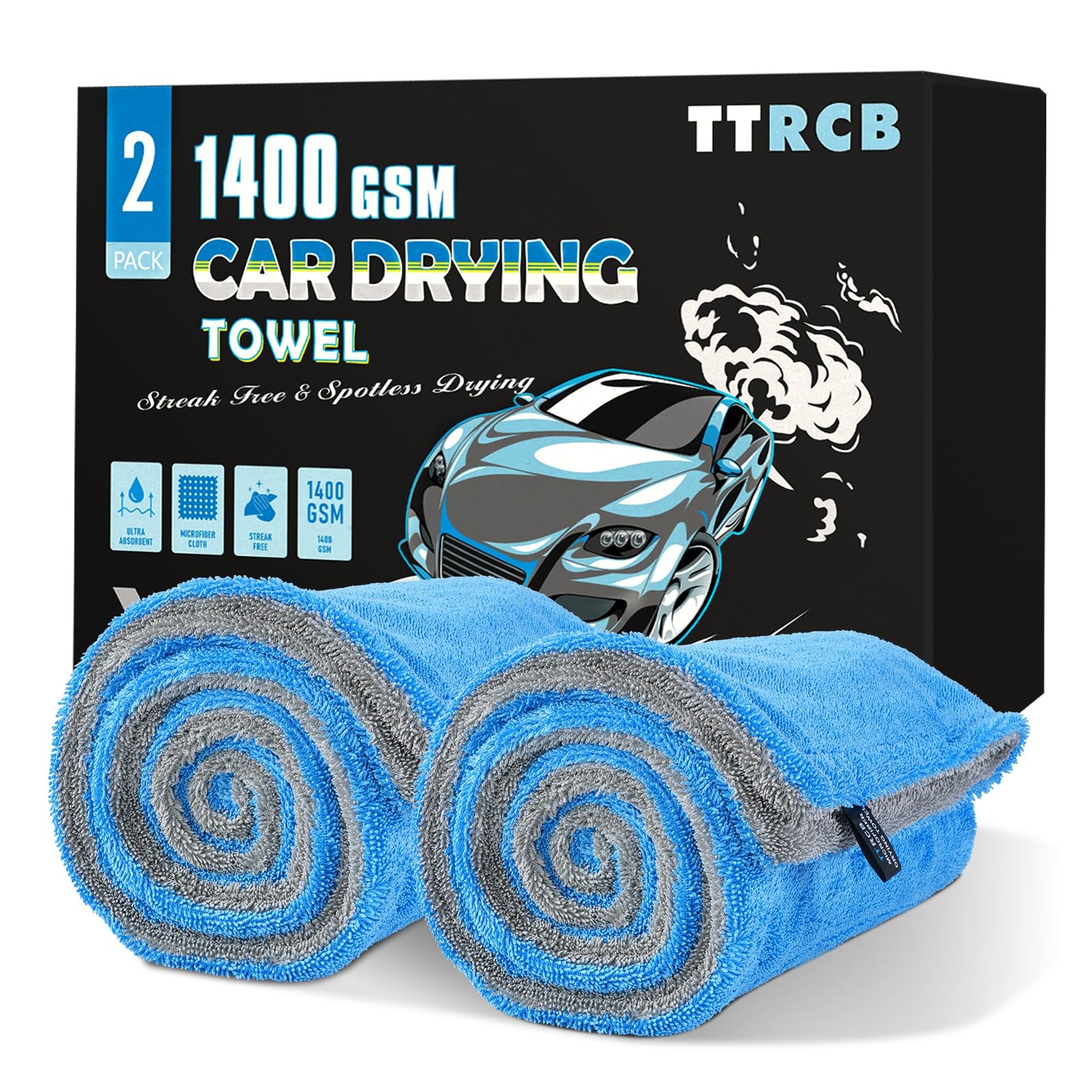 TTRCB 2 Pack Car Drying Towels, 48" x 24" Extra Large X Large, Blue, Grey