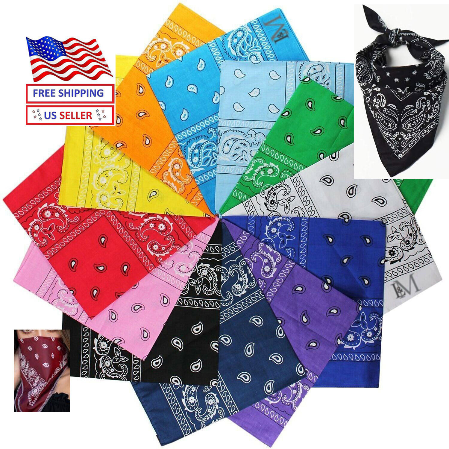 Lot  Of 4,12-Paisley Print 100 % Cotton Bandanas Scarves 21 X 21 Double side