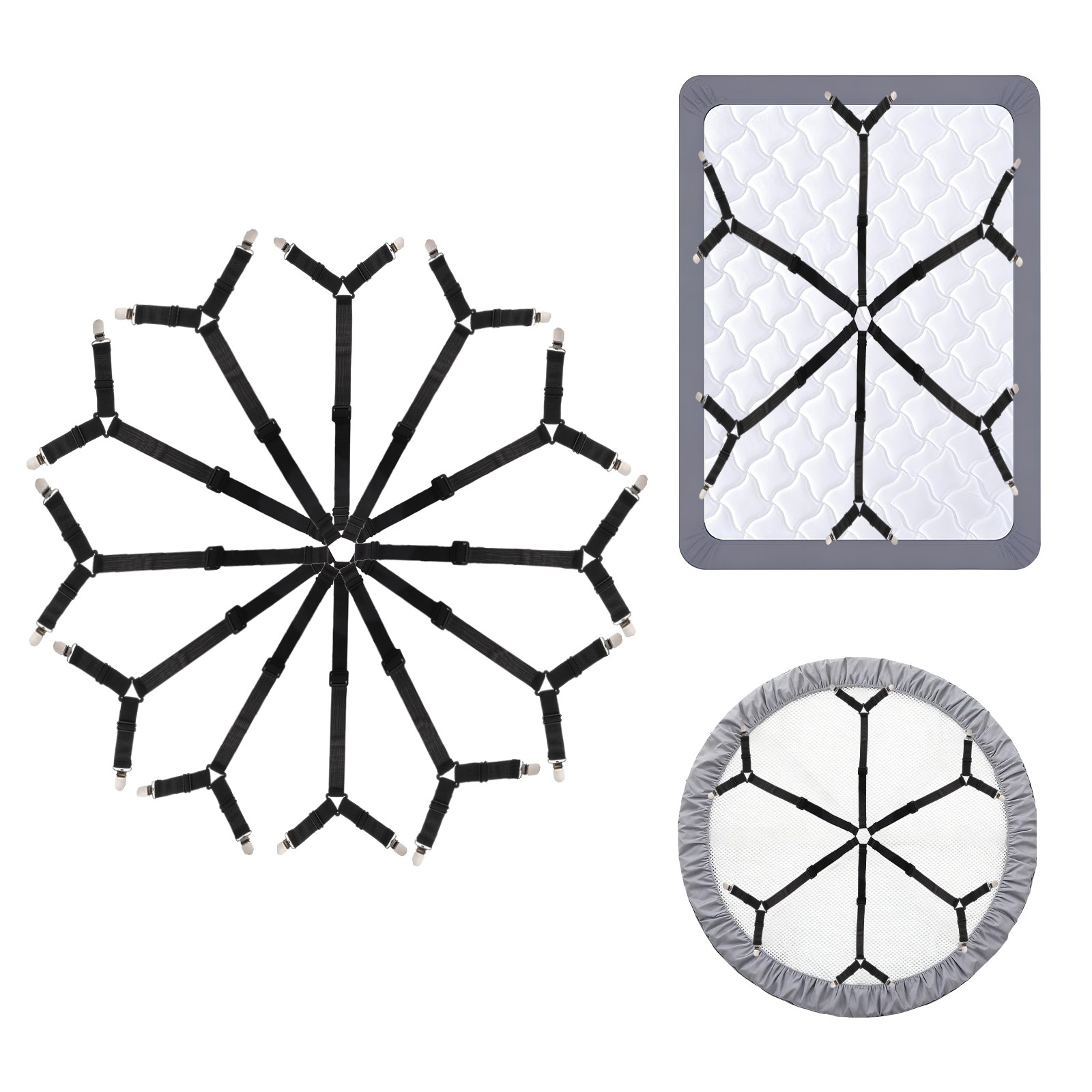 2Pcs Bed Sheet Holder Straps Elastic Adjustable 6 Way Cross 12 Clips, Black
