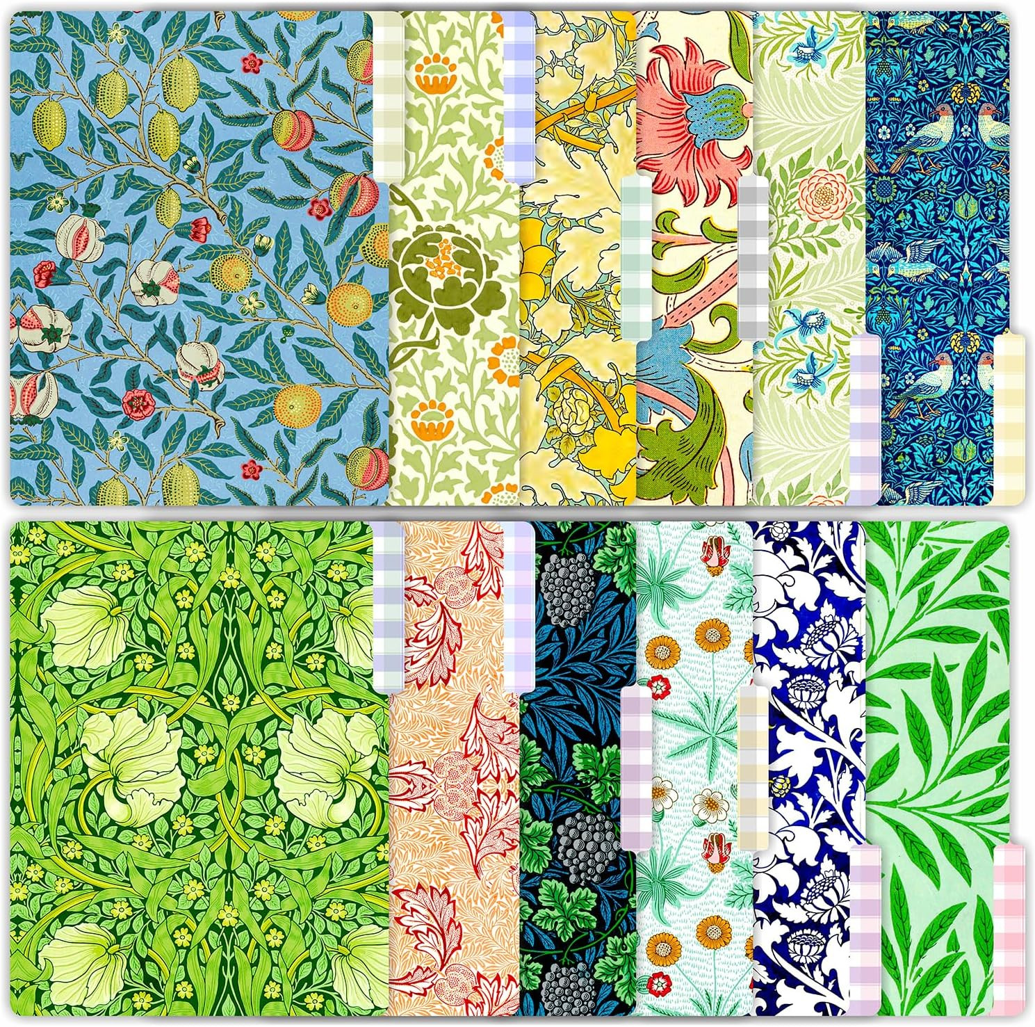 12 Pack William Morris Decorative File Folders, 1/3 Cut Tab with Assorted Positi