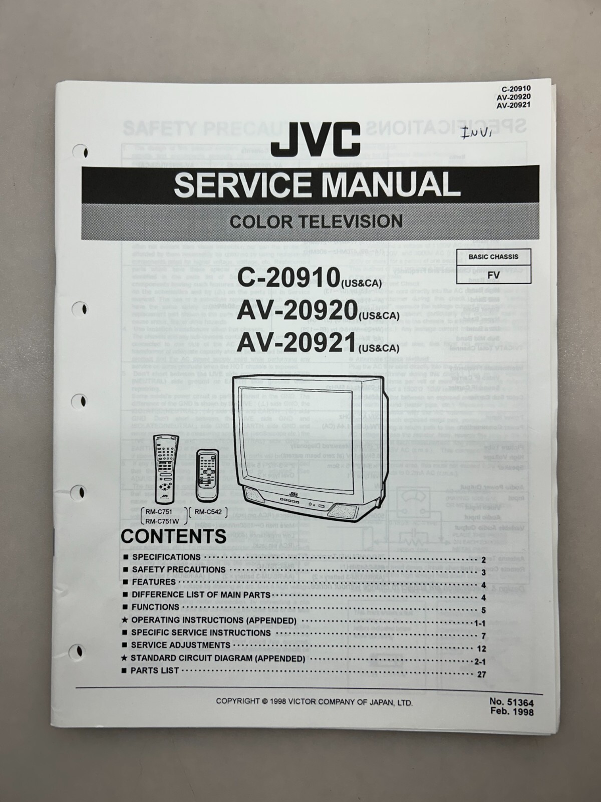 JVC C-20910 AV-20920 20921 Original Service Manual Free Shipping